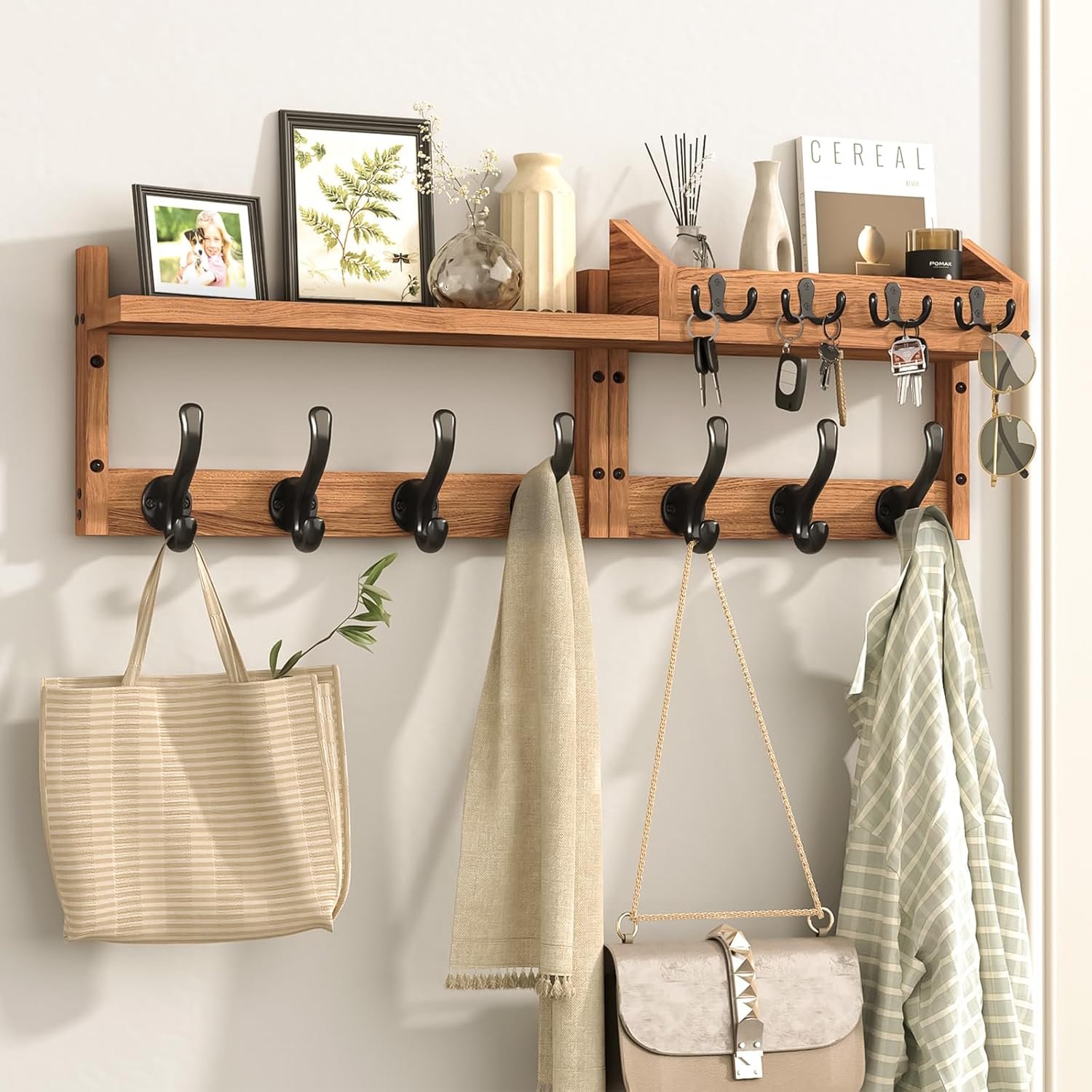 Evermagin 29″ Coat Rack Wall Mount with Shelf & 11 Hooks, Entryway, Brown | Wooden Wall Mounted Coat and Key Rack with Hooks, Key Hanger with Mail Holder for Living Room, Mudroom, Bedroom