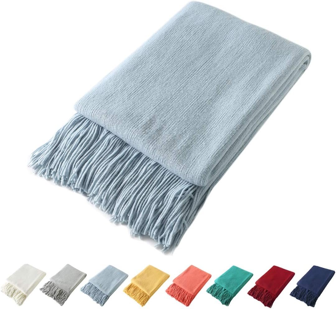 Homiest Pale Blue Knitted Throw Blanket with Fringe, 50×60 Inch | Pure Acrylic, Lightweight & Breathable, All-Season Use, Machine Washable, Wrinkle & Fade Resistant, for Couch Sofa And Bed