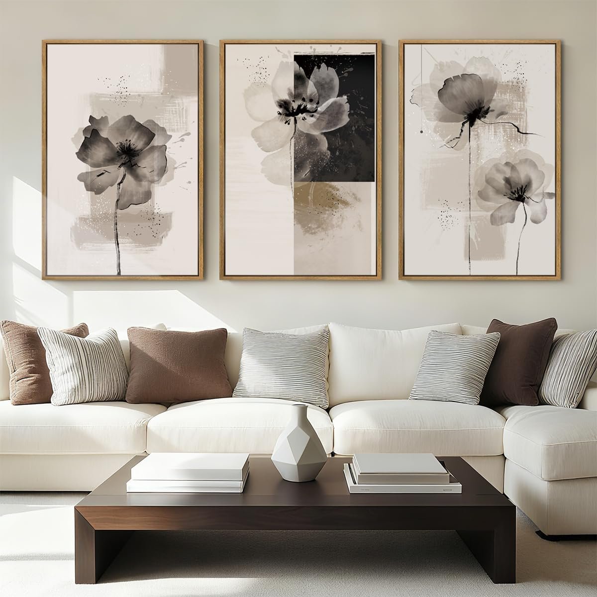 IARTTOP Neutral flower Framed Wall Art 16×24 Inch Black Beige Abstract Floral Canvas Wall Decor Modern Minimalist Flower Paintings for Living Room Bedroom Dining room Set of 3