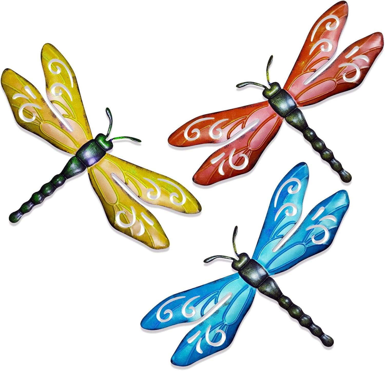 PLASUPPY Metal Dragonfly Wall Decor Outdoor Garden Fence Art Hanging Decorations for Patio, Yard, Indoor Home, Living Room, Bedroom, 3 Pack (Large)