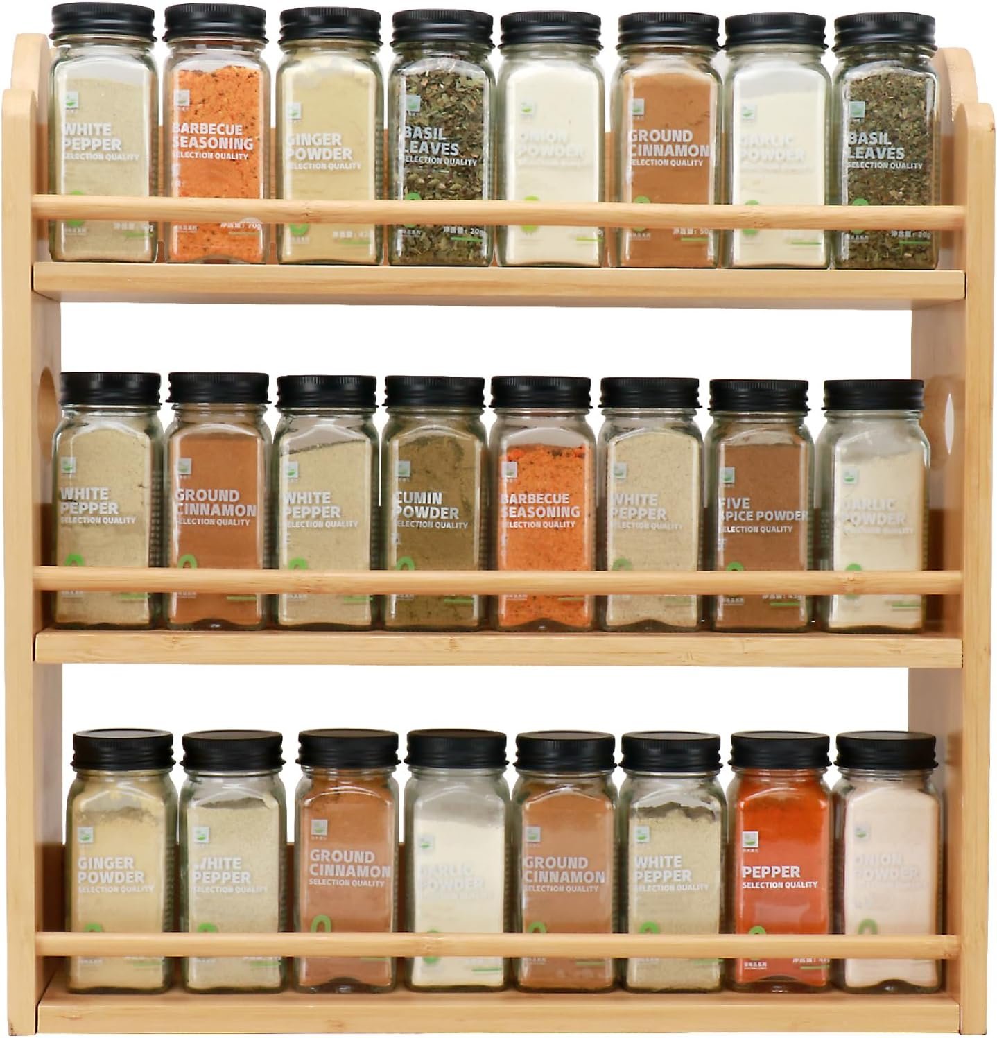 3-Tier Bamboo Spice Rack, Wall Mount & Countertop Spice Organizer | Seasoning Jars Rack Shelf Spice Organizer for Kitchen, Spice Storage Holder with handles, Front and Rear Protective Design