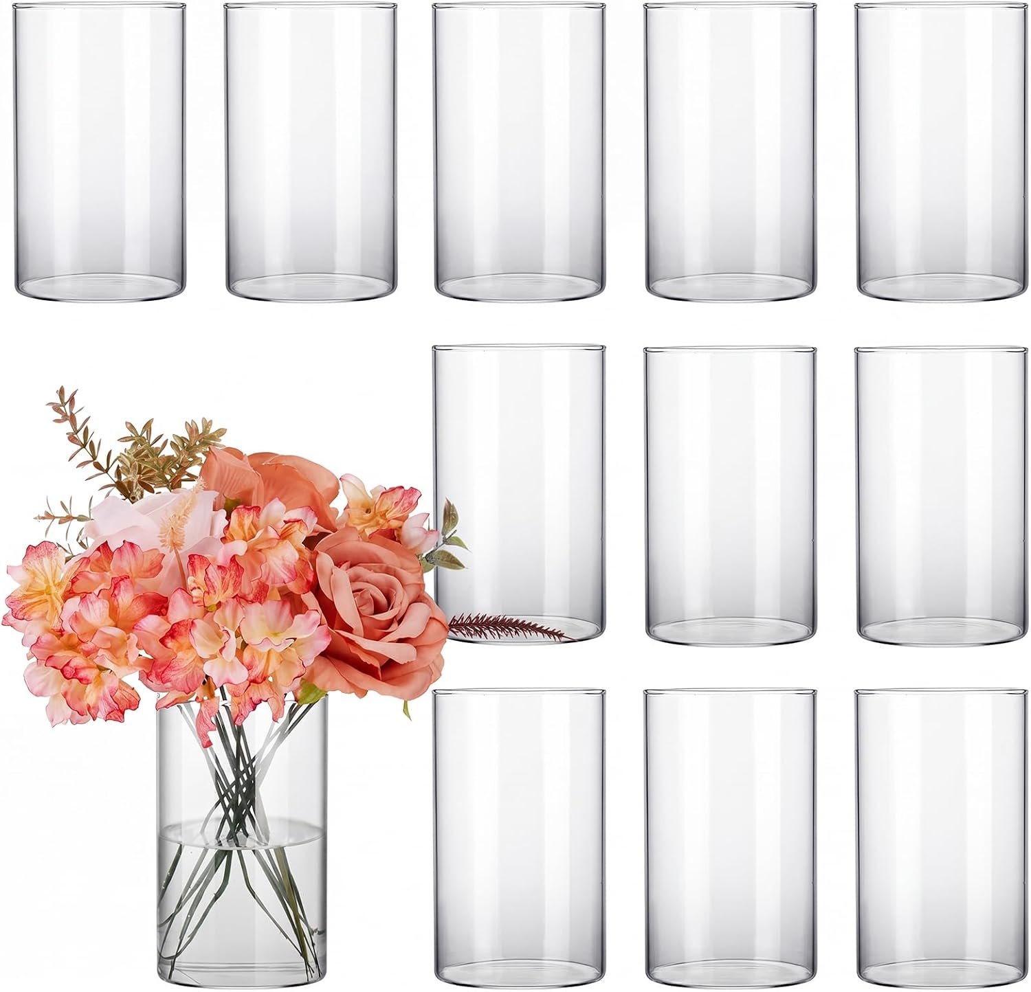 CUCUMI 12pcs Glass Cylinder Vases for Centerpieces, Flower Vases Wedding Decorations, 6 Inch Tall Glass Candle Holder for Table Shelf, Floral Vase Bulk for Home Decor | Flower Vases Wedding Decorations, 6 Inch Tall Glass Candle Holder for Table Shelf, Floral Vase Bulk for Home Decor