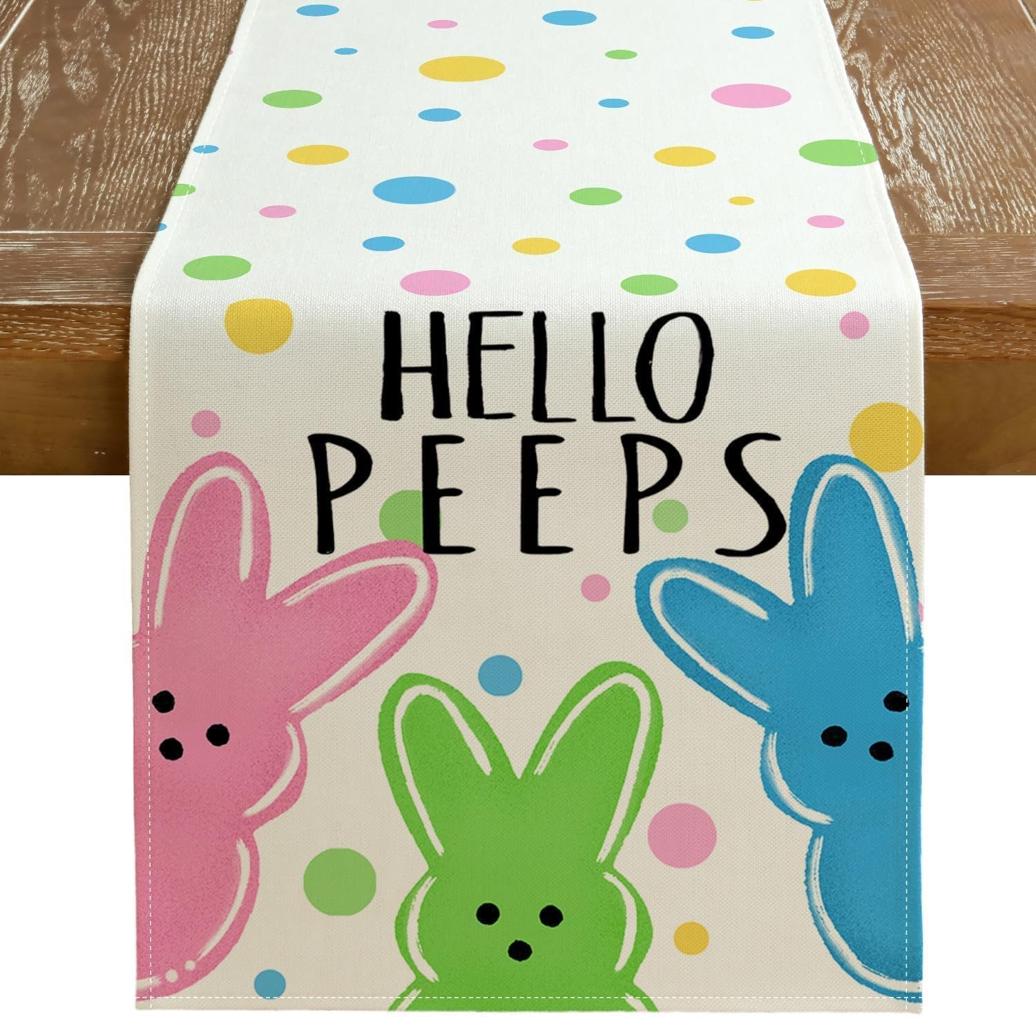Easter Table Runner 13×72 Inch, Hello Peeps Bunny Spring Decorative Farmhouse Table Decoration for Kitchen Dinning, Indoor Outdoor Dinner Party Decor