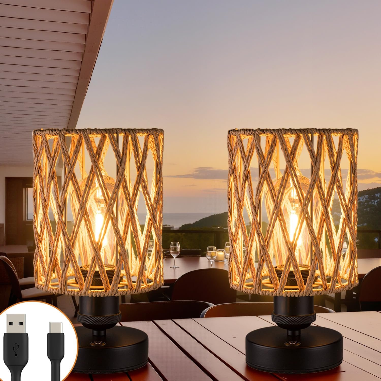 Cordless Outdoor Table Lamps, Small Rattan Boho, Rechargeable Battery Operated for Outdoor Patio, Home, Living Room, Bedroom, Bedside – Set of 2 (Beige-A)