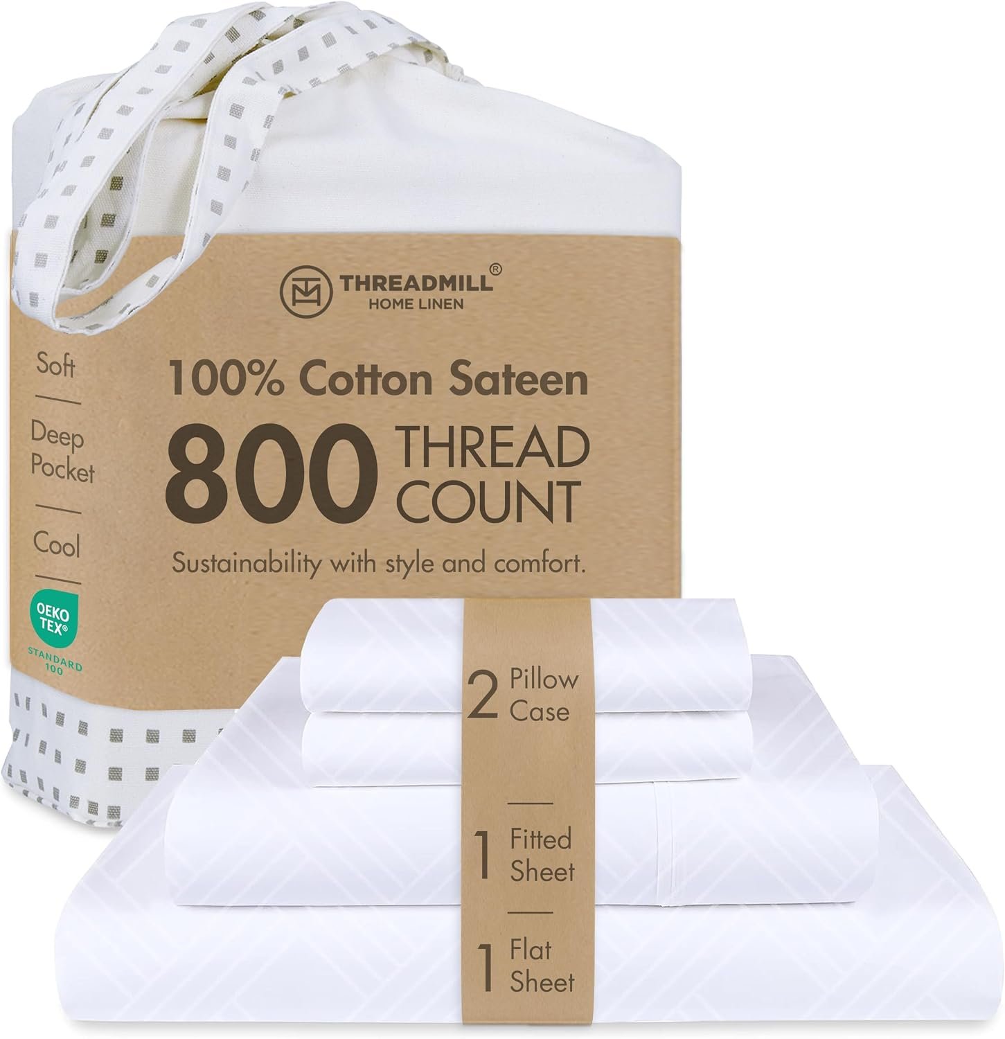 Threadmill Luxury 100% Cotton King Size Sheets Set- 800 Thread Count Jacquard Celine Hotel White, Better Than Egyptian Cotton,4 Pc Striped Bed Set, Damask Bed Sheets with 16″ Deep Pocket | 100% Cotton, Sateen Weave, Jacquard Damask Pattern, 4-Piece Set, 16″ Deep Pocket, All-Around Elastic, OEKO-TEX Certified