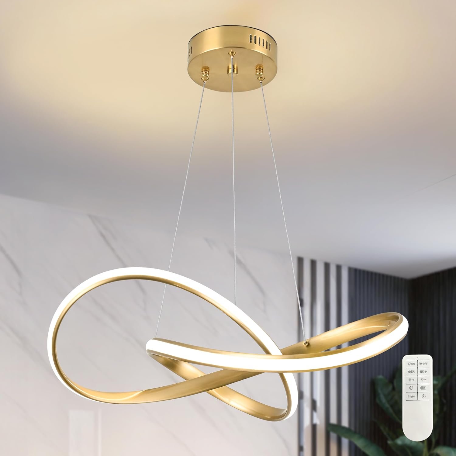 20″ Gold Modern led Chandelier for Living Room,Irregular Ring Modern Pendant Lights Kitchen Island,Dimmable Remote Control H79 Adjustable led Pendant Light for Bedroom Dining Room Entryway