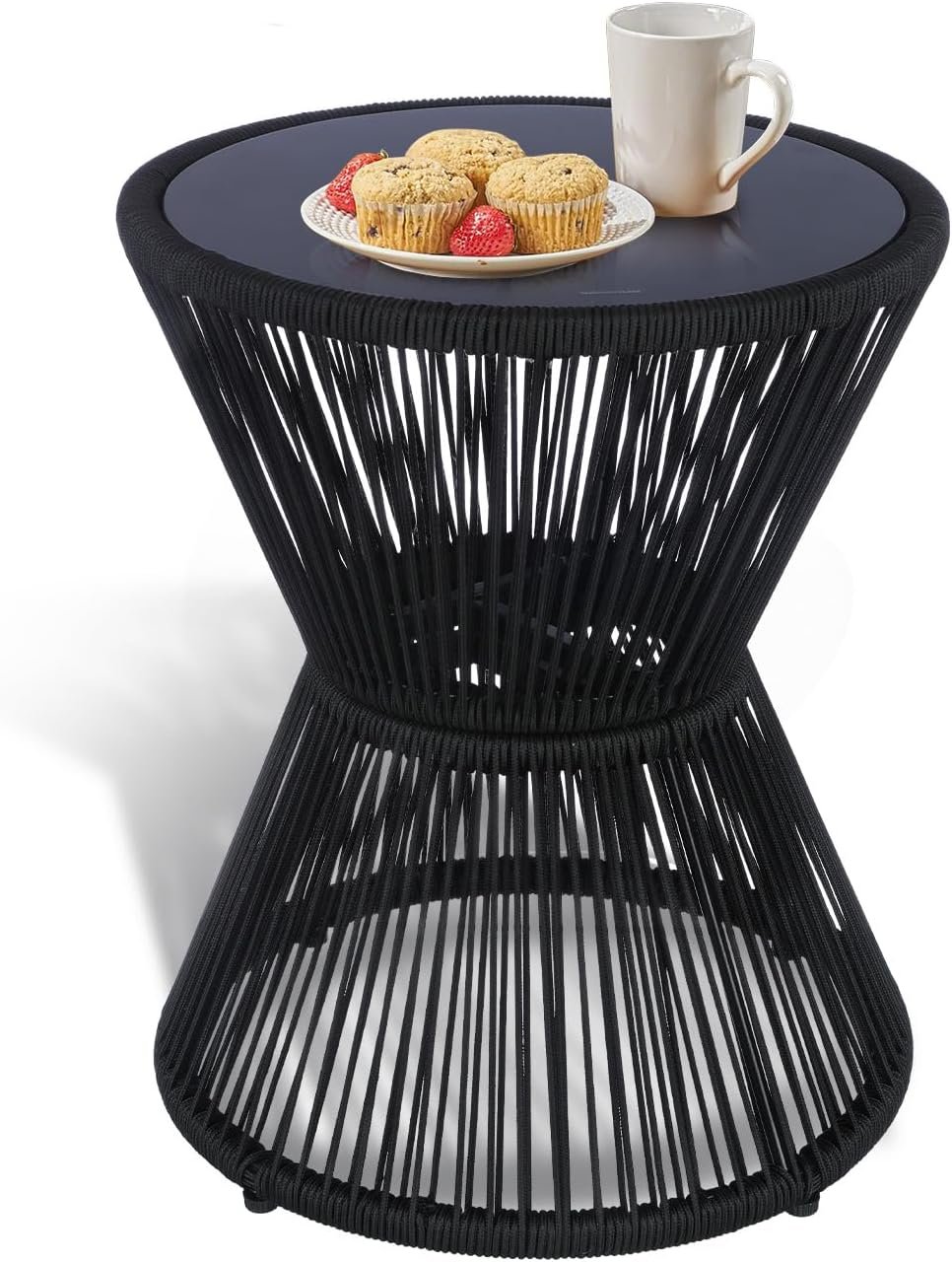 SUNNYPARK Small Outdoor Side End Table Modern Hourglass Style 20″ H | Tempered Glass Top, Hand-Woven Rope, Easy Assembly, All Weather, Round Accent Table for Coffee Patio Balcony Poolside