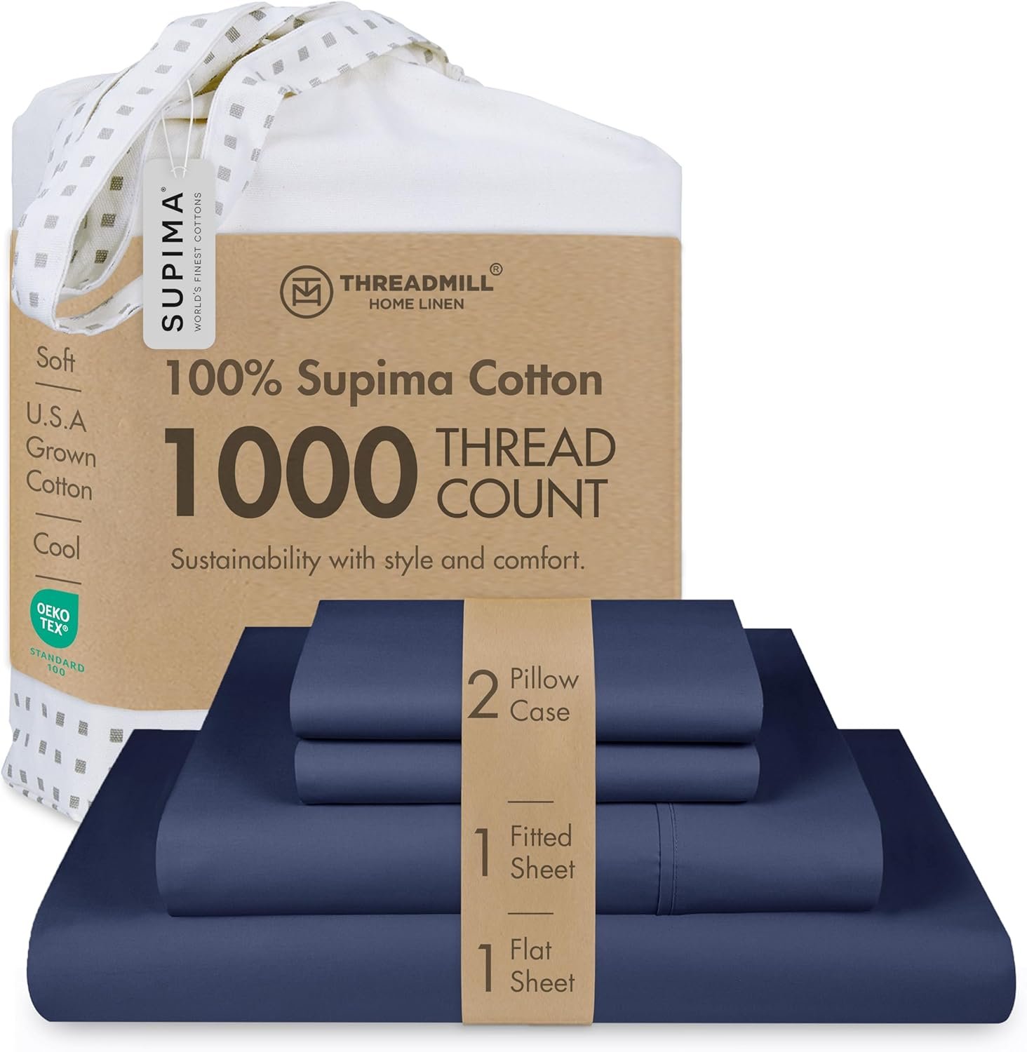 Threadmill 1000TC Supima Cotton King Sheet Set, Sateen, Folkstone Blue | 100% Supima Cotton, Sateen Weave, 4-Piece Set, 17″ Deep Pocket, All-Around Elastic, No-Pill, Hotel Quality, Machine Washable