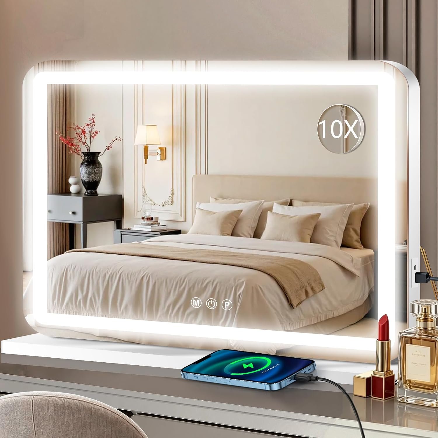 Ratsamee 23″ x 18″ Vanity Mirror with Lights, Led Lighted Makeup Mirror with 3 Color Dimmable Lights, Touch Control, USB Charging Port, Gifts for Women Wife Teengirls