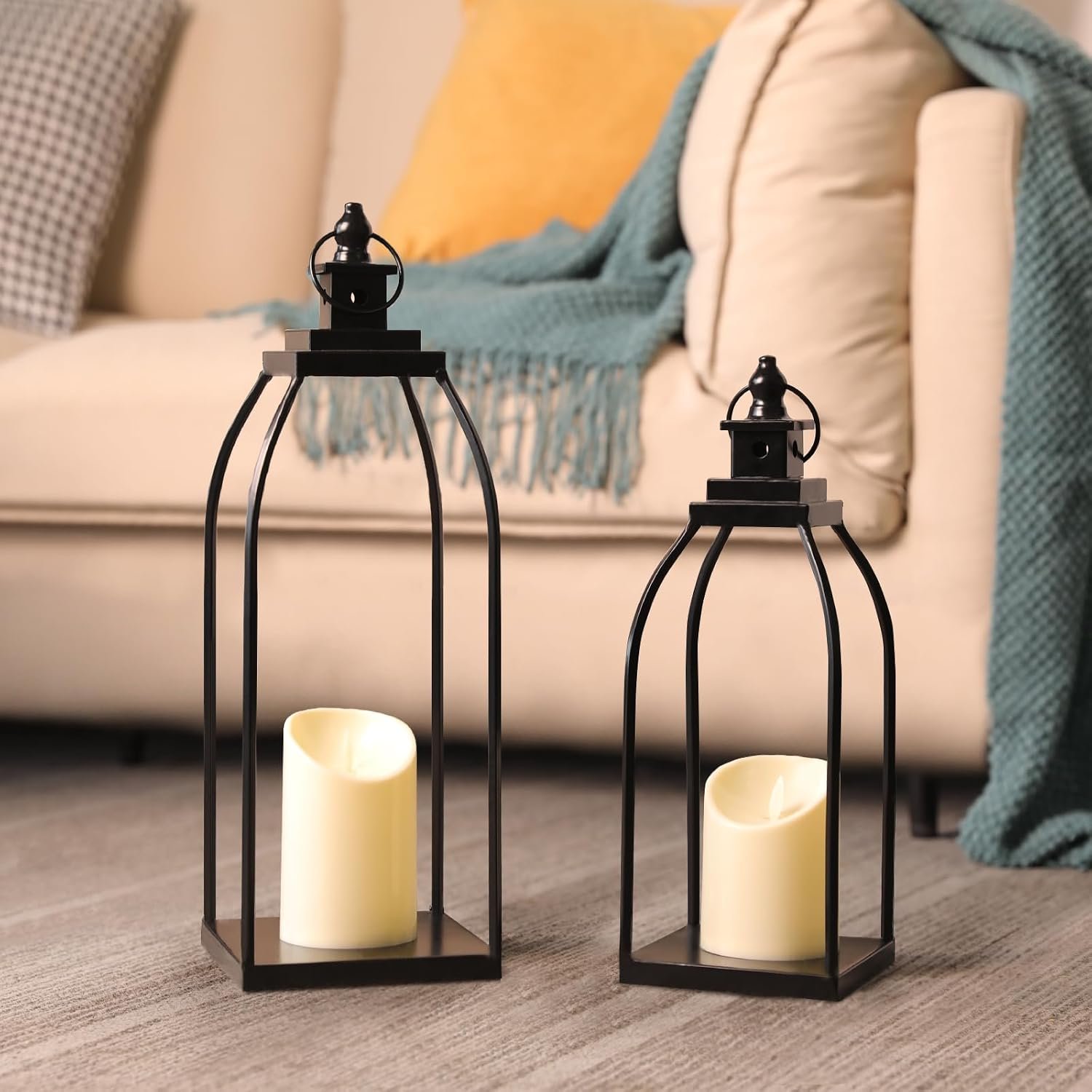 Decorative Candle Lanterns Set of 2, Black Metal for Indoor & Outdoor | Perfect For Porch, Entryway, Wedding, Farmhouse Table Centerpiece Decor, Glass-Free For Safety, Comes With Hanging Ring