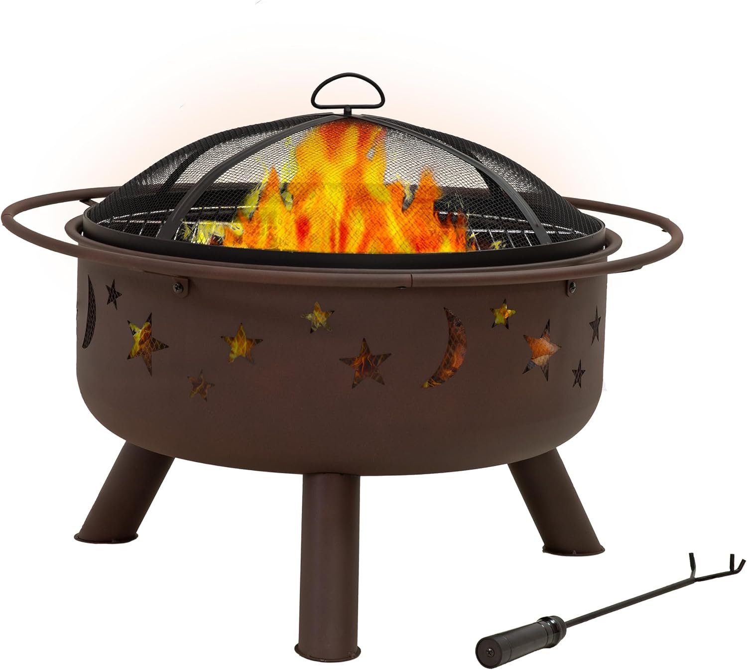 Sunnydaze Cosmic 30″ Fire Pit with Cooking Grate for Outside, Wood Burning | Bronze, Heavy Duty Steel Metal, Includes Spark Screen & Poker, Round Outside Firepit for Patio, Deck, Backyard BBQ, Bonfire