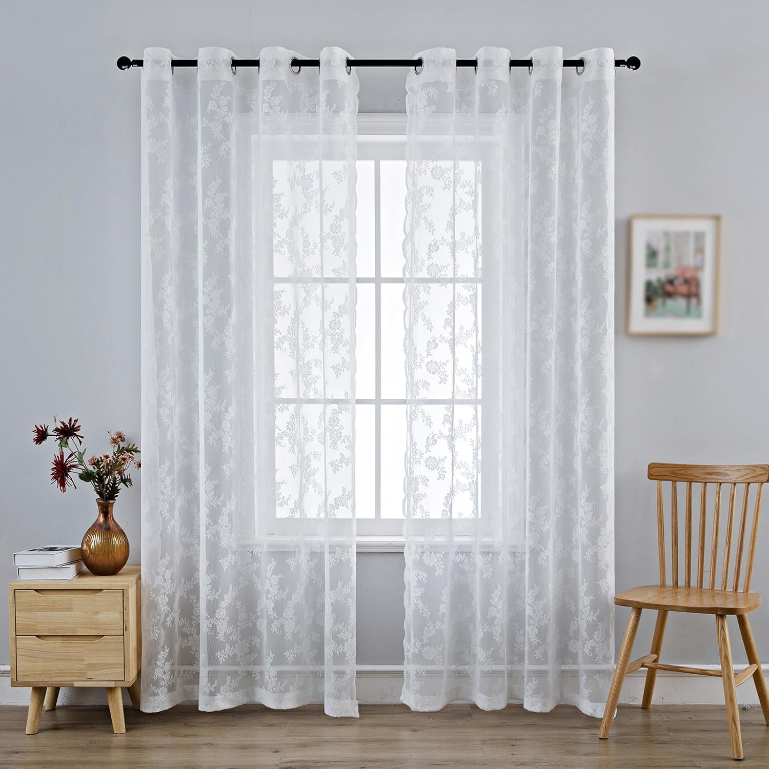 Anytime White Lace Sheer Curtain Panels for Living Room Elegant Window Treatment Sets Light Filtering Translucent Draperies for Office (2 Panels,W55 x L95inch)