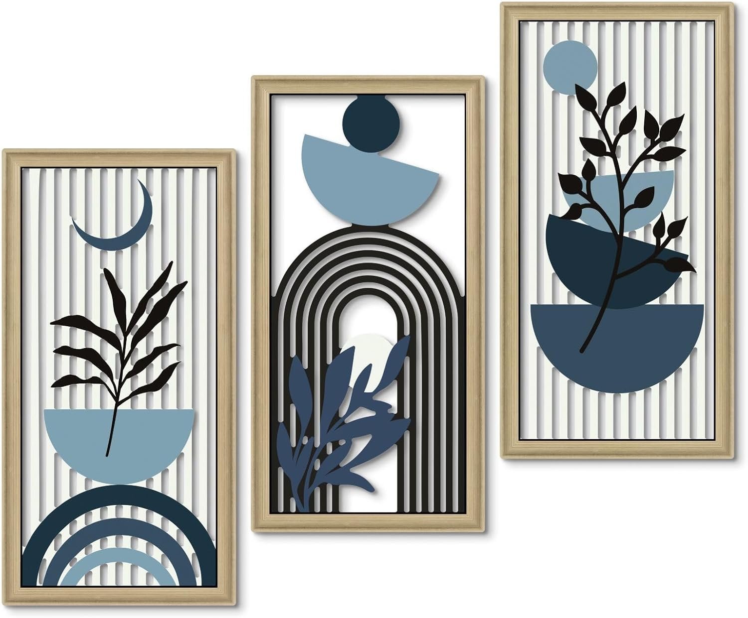 Putuo Decor Boho Abstract Wall Art, Set of 3, Modern Botanical Wooden Wall Decor, Blue Mid-Century Minimalist Framed Artwork for Living Room Bedroom, Office