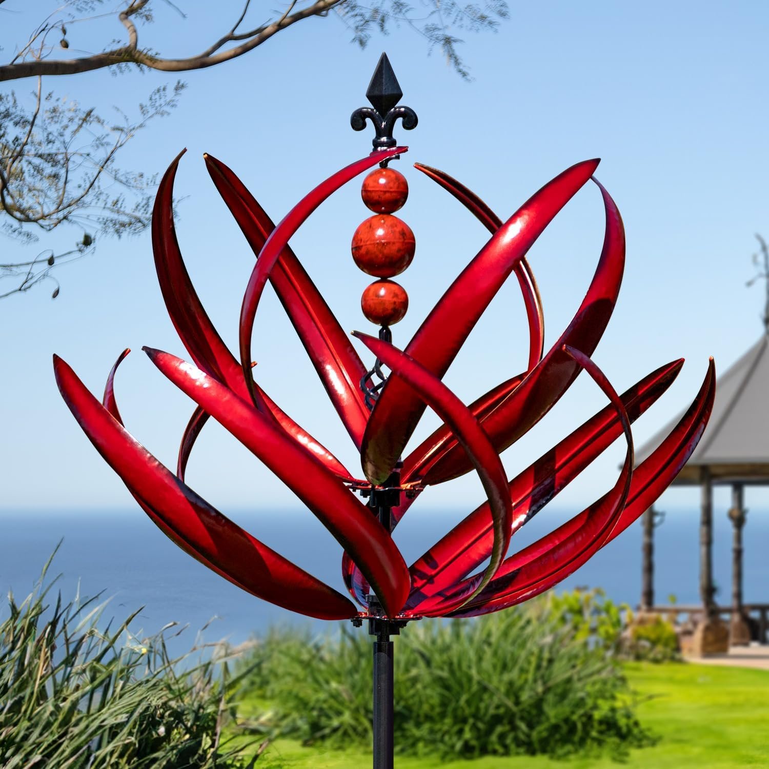 LimeHill Wind Spinner for Garden and Yard – Large Metal Kinetic Wind Sculptures for Outdoor Decor (91 Inches, Burgundy Lotus)