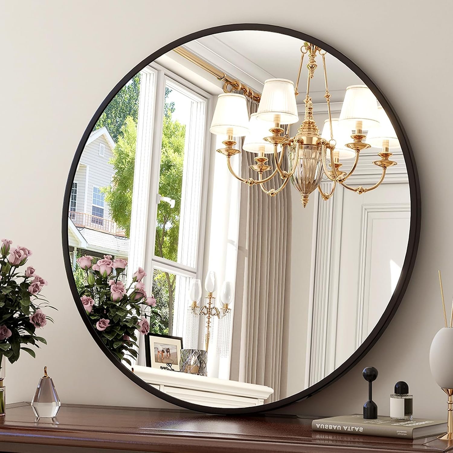 XRAMFY 30 Inch Round Mirror-Black Circle Mirrors for Bathroom, Entryway | Modern Hanging Vanity Mirror for Livingroom, Wall Decor, Bedroom, Matte Black Circle Decorative Wall Mirror