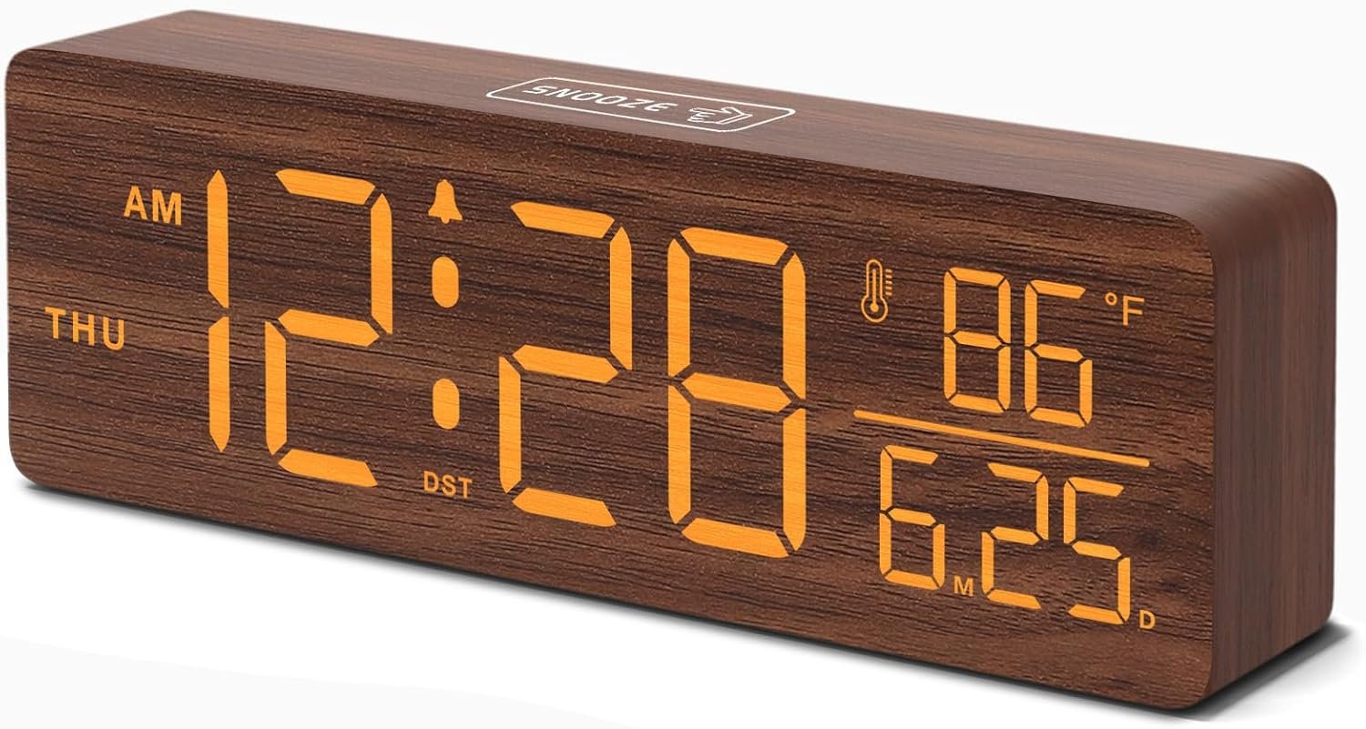 DreamSky Wooden Digital Alarm Clock with Date & Day of Week for Bedroom | Large Display Desk Clock for Living Room, Temperature, Dimmer, Adjustable Volume, Auto DST, Office Wood Décor (Plug-in)