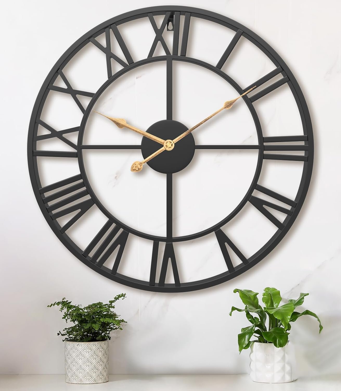 Pytha Sight 24 Inch Roman Numerals Large Wall Clocks for Living Room Decor | 24 Inch Black Large Metal Modern Decorative Oversized Round Wall Clock with Vintage Gold Hands for Dining Room,Entryway Decor