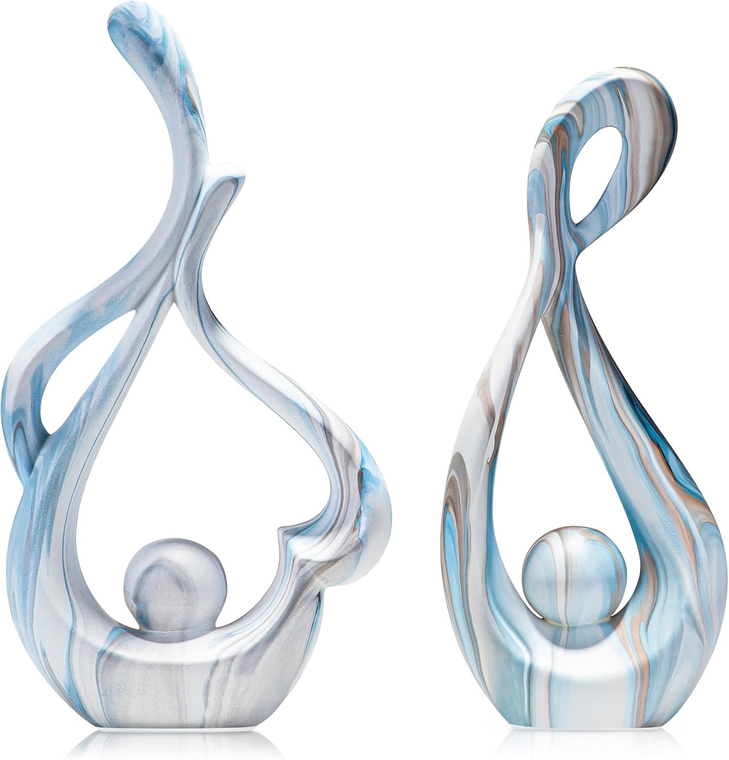 Blue Marble Abstract Sculptures Set of 2, Coffee Table Centerpiece | Faux Marble Ceramic Statues, Entryway Table Decor for Living Room, Console Table, Office Desk, Shelf Decor, Housewarming Gift