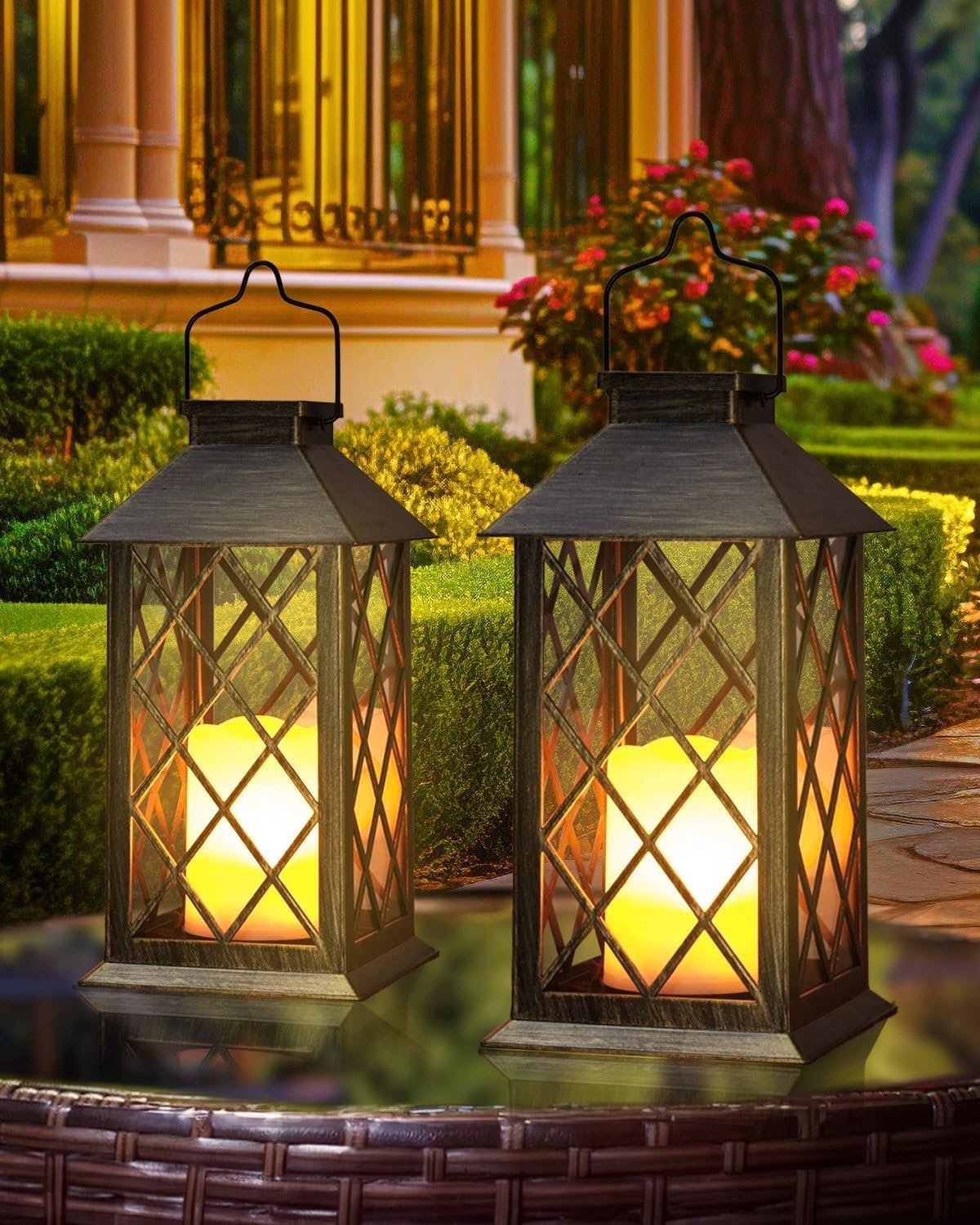 Otdair Solar Lanterns Outdoor Waterproof 14″ Flickering LED, 2 Pack, Bronze | Auto dusk-to-dawn; Flickering flame effect; 7–8h Runtime; IP65 waterproof; Retro style; Patio yard garden decor; Gift
