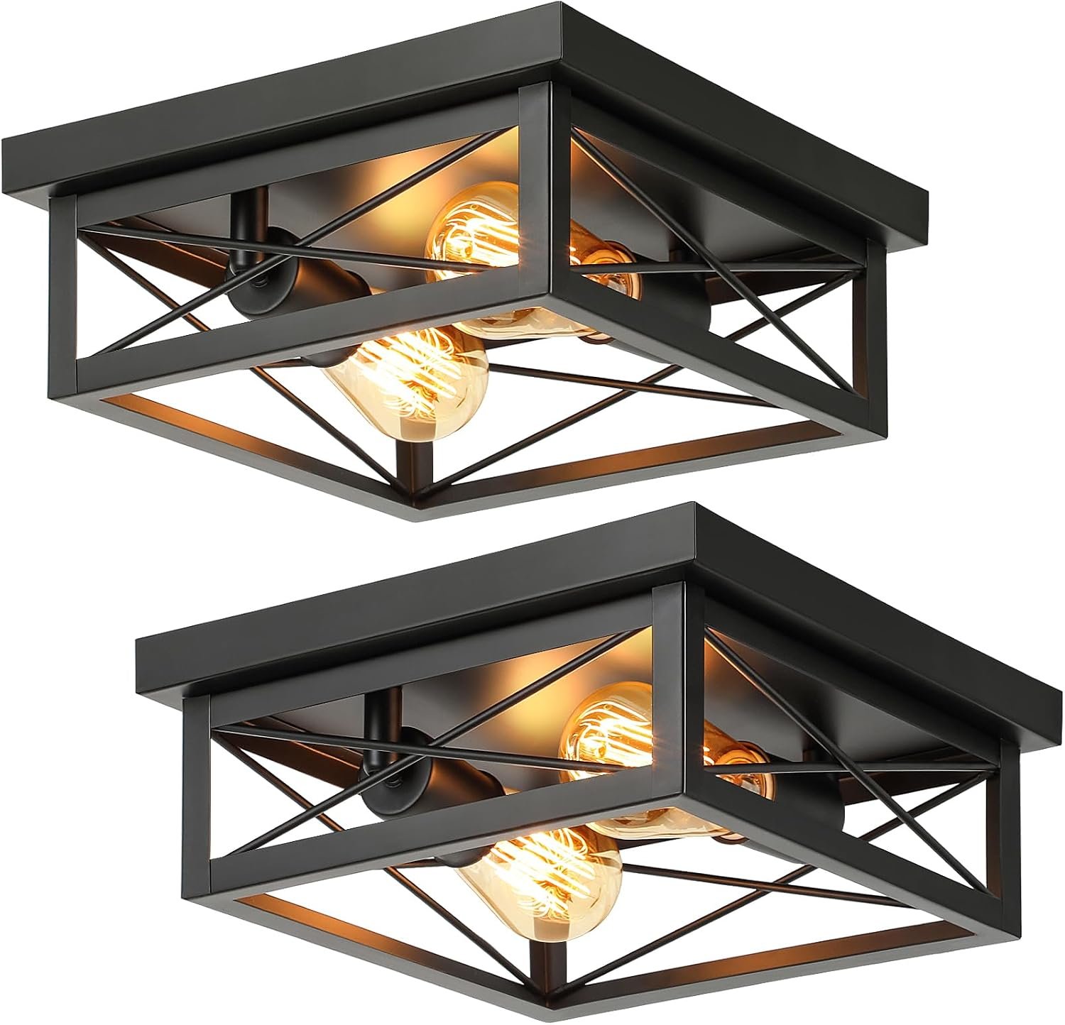 Kondras 2-Light Industrial Square Flush Mount Ceiling Light, Farmhouse Ceiling Light Fixture for Kitchen, Modern Black Close to Ceiling Light for Hallway Bedroom Balcony Porch Stairway, E26, 2-Pack | Farmhouse Ceiling Light Fixture for Kitchen, Close to Ceiling Light for Hallway Bedroom Balcony Porch Stairway, E26, 2-Pack
