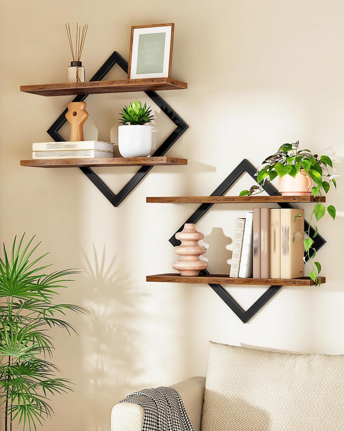 Floating Shelves, Set of 2 Wall Shelves, 2-Tier Hanging Shelves, Wall Shelf Set of 2, Wall Mounted Shelves, for Living Room, Bedroom, Kitchen, Office, Study, Rustic Brown TBJ01P2BF