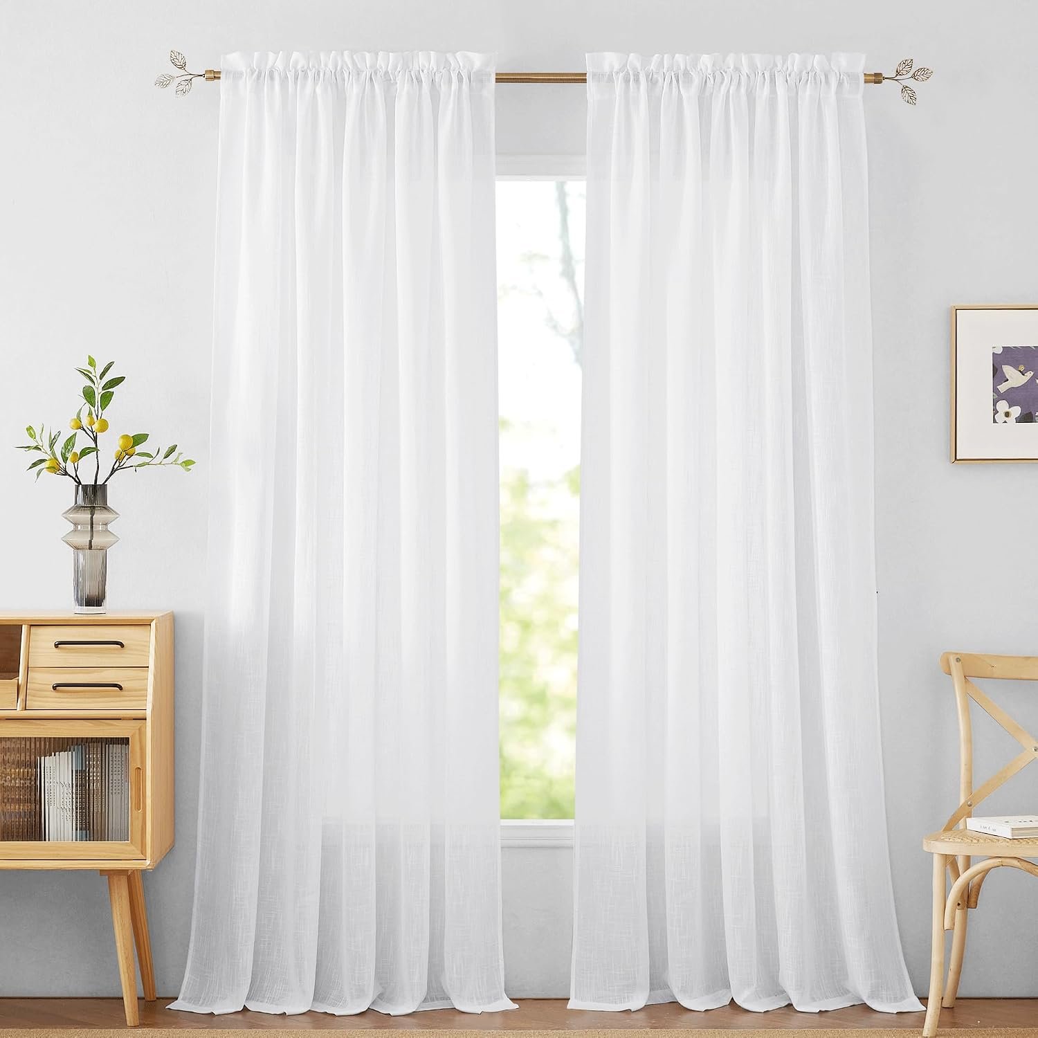 RYB HOME White Semi Sheer Curtains 84 inches Long for Living Room | Half Privacy, Linen Textured, Sheer Light Filtering, Vertical Window Drapes, for Bedroom Dining, White, W52 x L84, 2 Panels