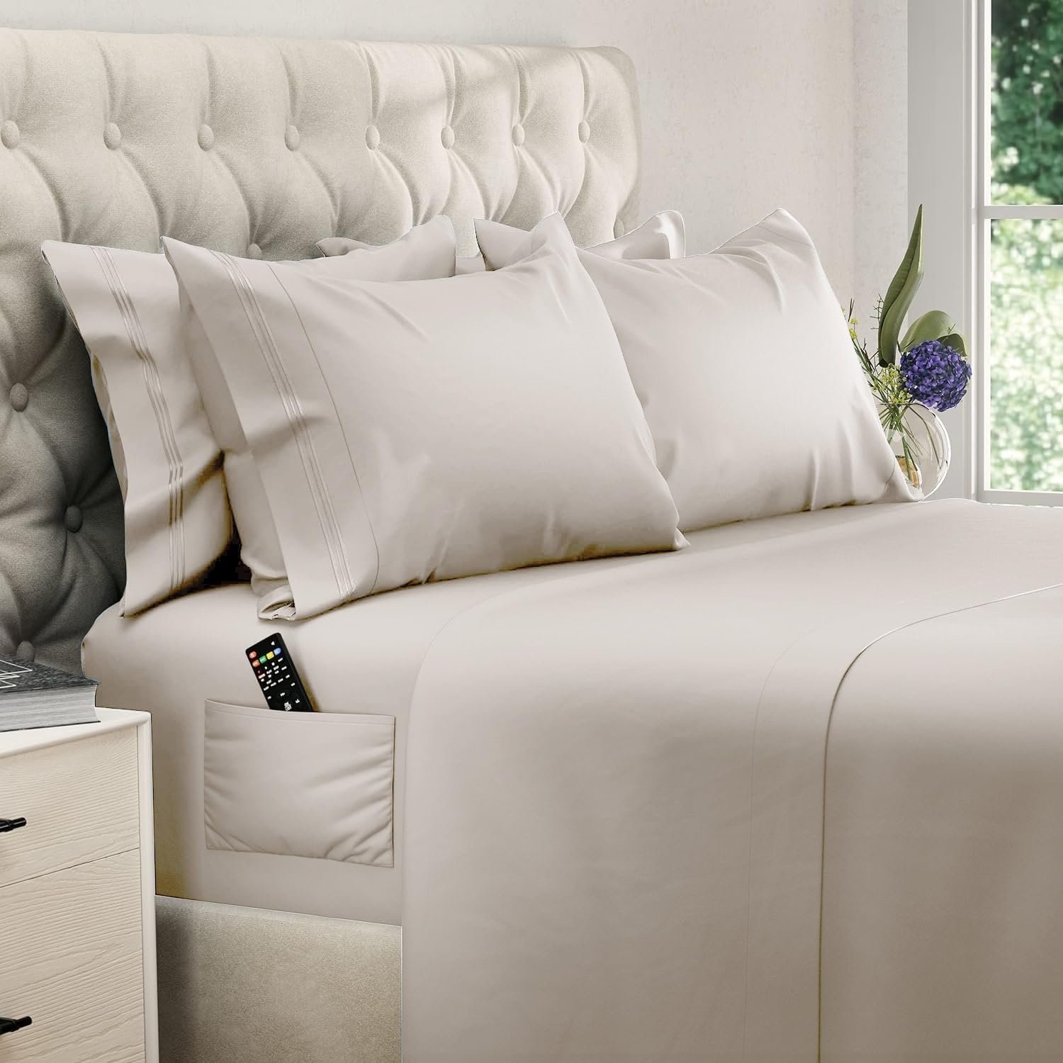 DREAMCARE King Size Sheets Set – 6 pcs Breathable Cooling Sheets King Size | up to 21″ Extra Deep Pocket King Sheet Set with Side Pockets – Extra Soft 100% Double Brushed Hotel Luxury Bedding – Beige