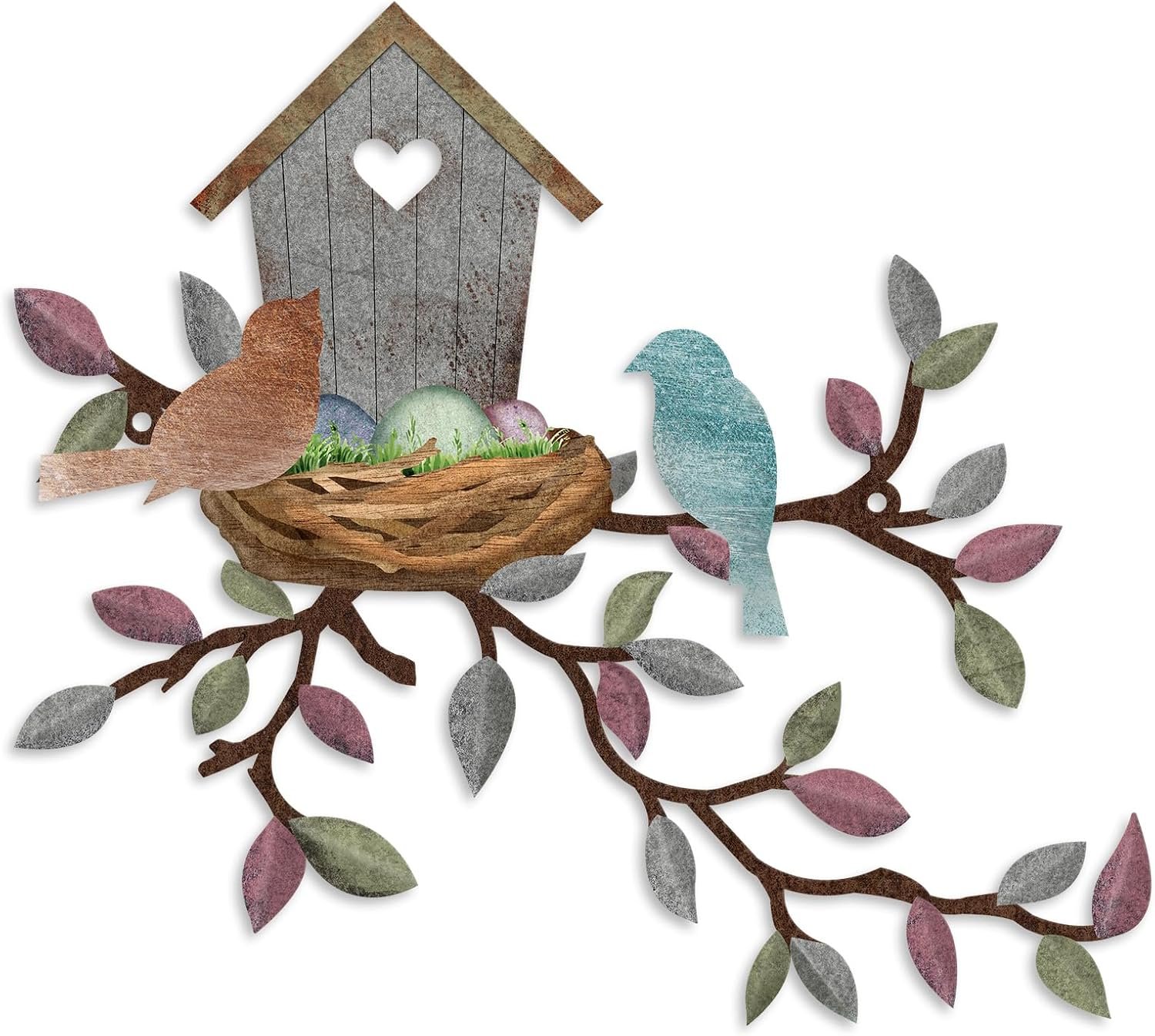 Rustic Metal Wall Decor, Leaves Wall Art Birdhouse, Wall Hanging for Living Room, Kitchen, Garden, Patio, 10.6 x 12 Inch, Light Grey