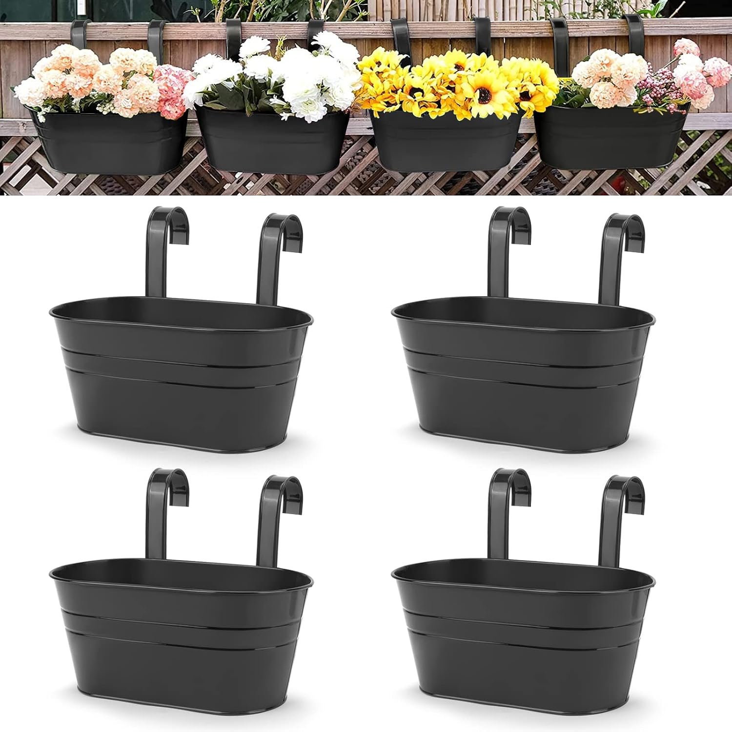 Hanging Planters, 10.6″ Metal Railing Planters for Outdoor Plants, 4pcs | Balcony Planters with Detachable Hooks for Easy Hanging, Indoor Outdoor use, Ideal for Balconies, Fences, Garden, Home Decor