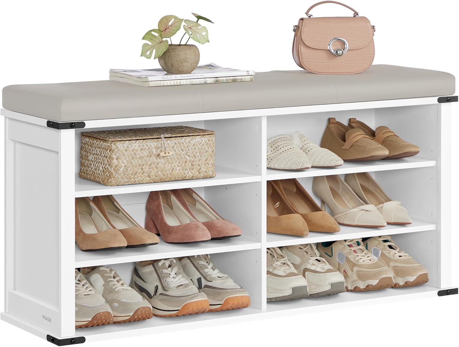VASAGLE LIRY Collection – Shoe Storage Bench with Removable Cushion, Shoe Rack with Padded Seat, Entryway Bench with 6 Open Compartmens, Adjustable Shelves, Cloud White ULSB105W01