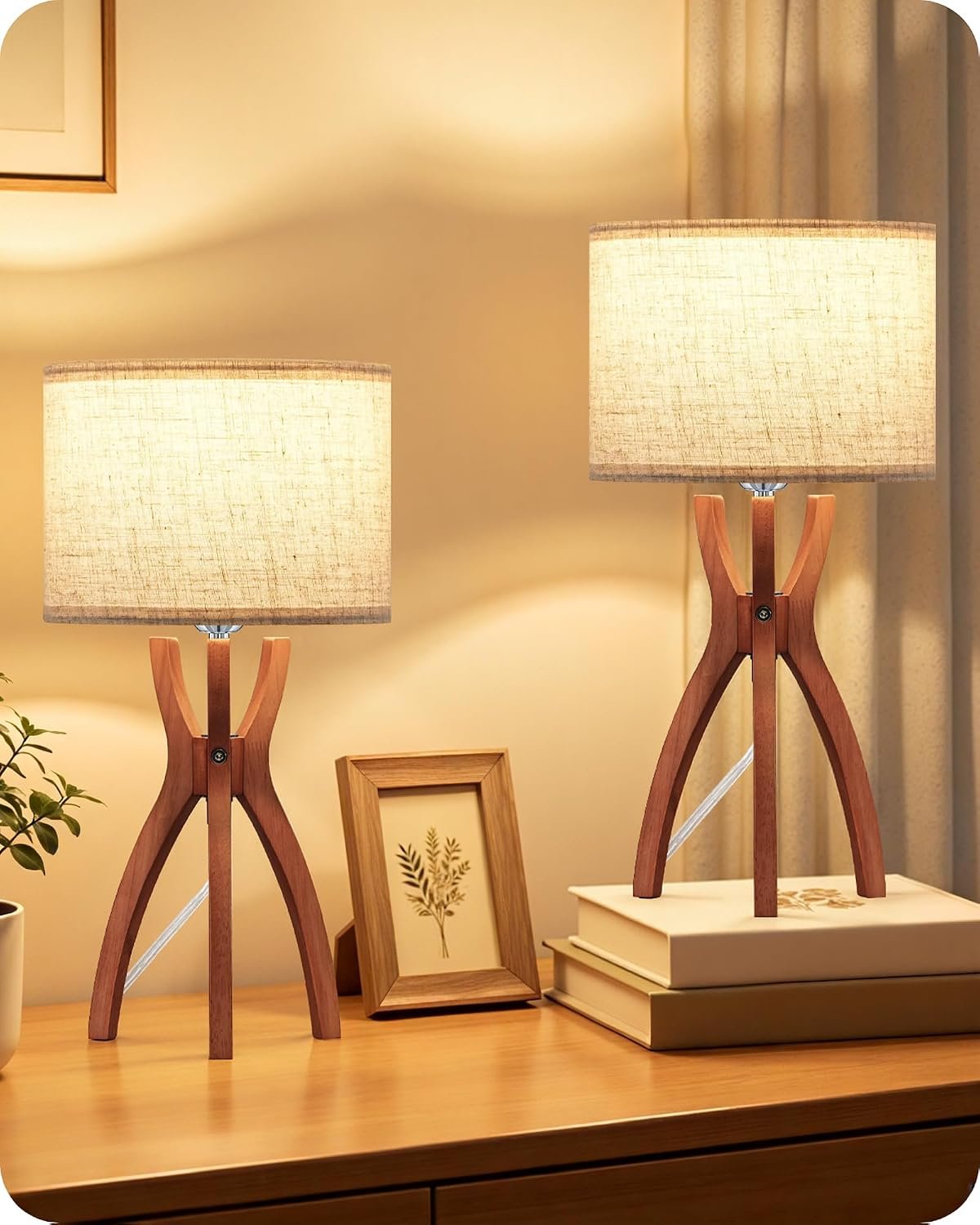 Table Lamps Set of 2, 17.7″ Mid Century Bedside Lamps for Bedroom | Beige Linen Shade, Solid Wood Tripod Base, Modern Nightstand Lamps for Living Room, Entryway, E26 Socket, LE18TLP205