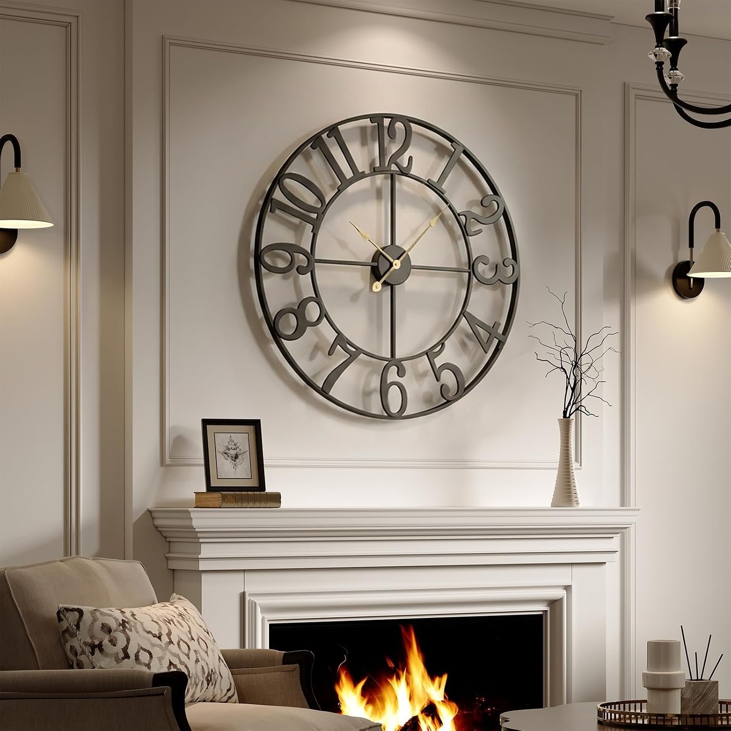 Cuspin Large Wall Clock for Living Room Decor, 30 Inch Wall Clock Battery-Operated Silent Non Ticking, Modern Black Decorative Metal Clock with Arabic Numerals