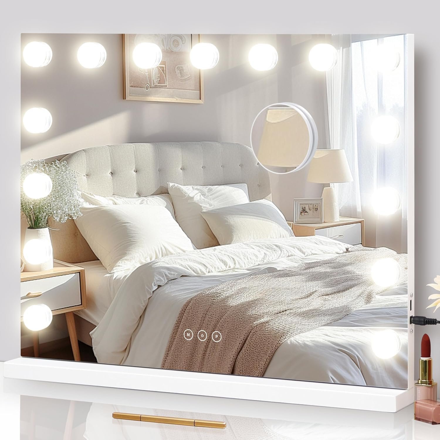 Vanity Mirror with Lights Lighted Makeup Mirror with 15 Dimmable LED Bulbs,3 Color Lighting Modes,USB Charging Port Touch Control,Sturdy Metal Frame Design 22.8×18 Inch,White