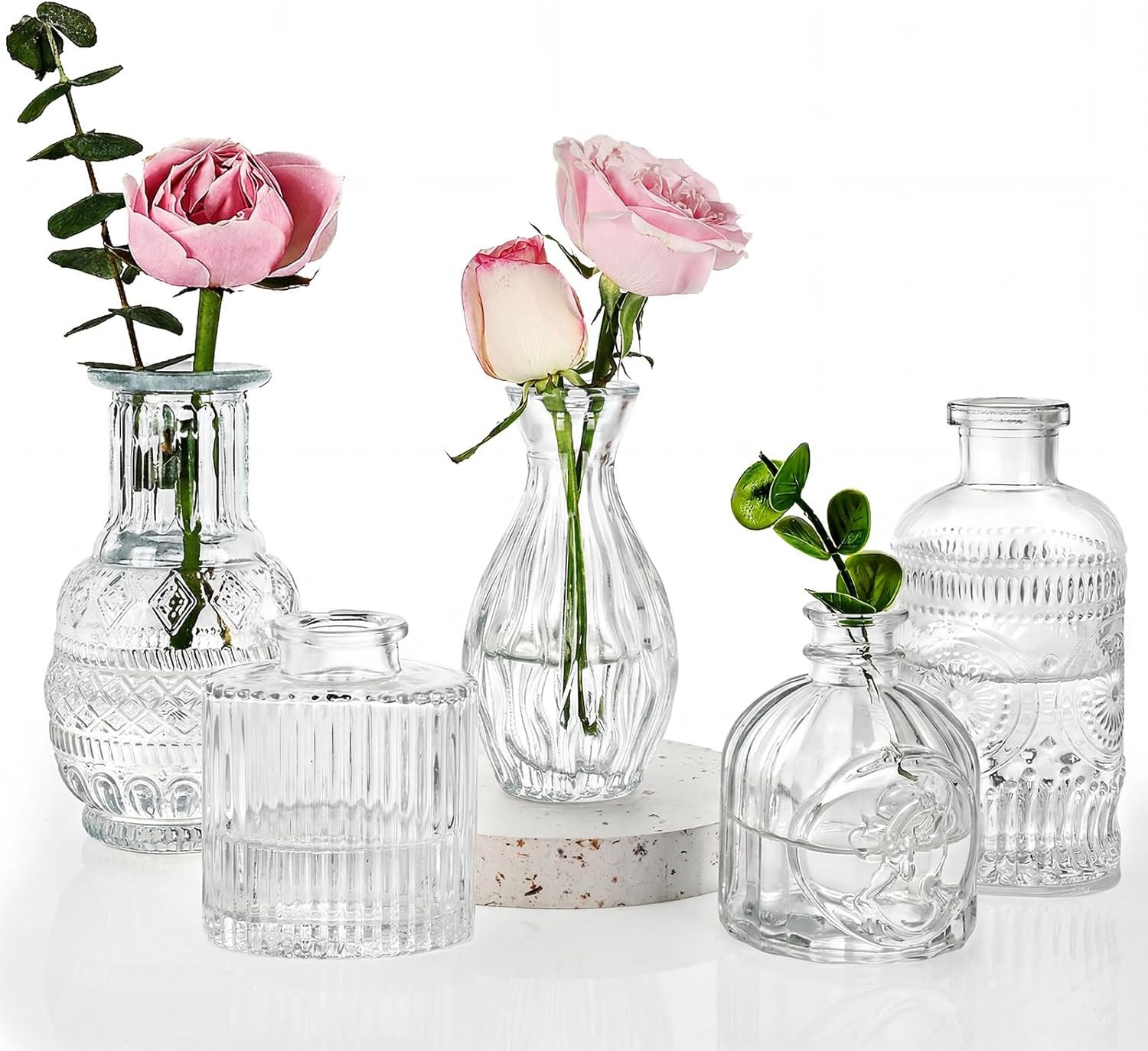 Fixwal Set of 5 Bud Vases, Small Vase for Flowers, Glass Vase for Home Decor, Wedding Decorations, Clear Flower Vases for Centerpieces, Vintage Vase for Home Decor
