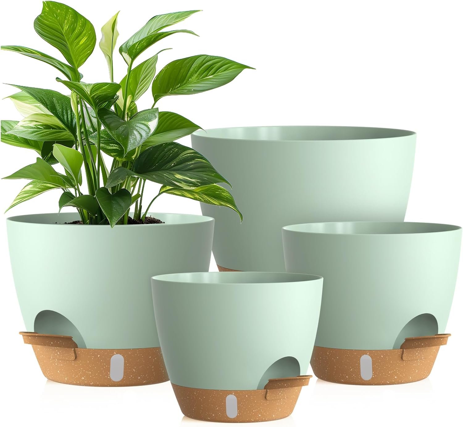 Plant Pots, 4 Pack 12/10/9/8 Inch Self Watering Pots with Drainage Holes, Water Level Indicator Deep Reservoir, Large Planters for Indoor Outdoor Plants – Green Brown