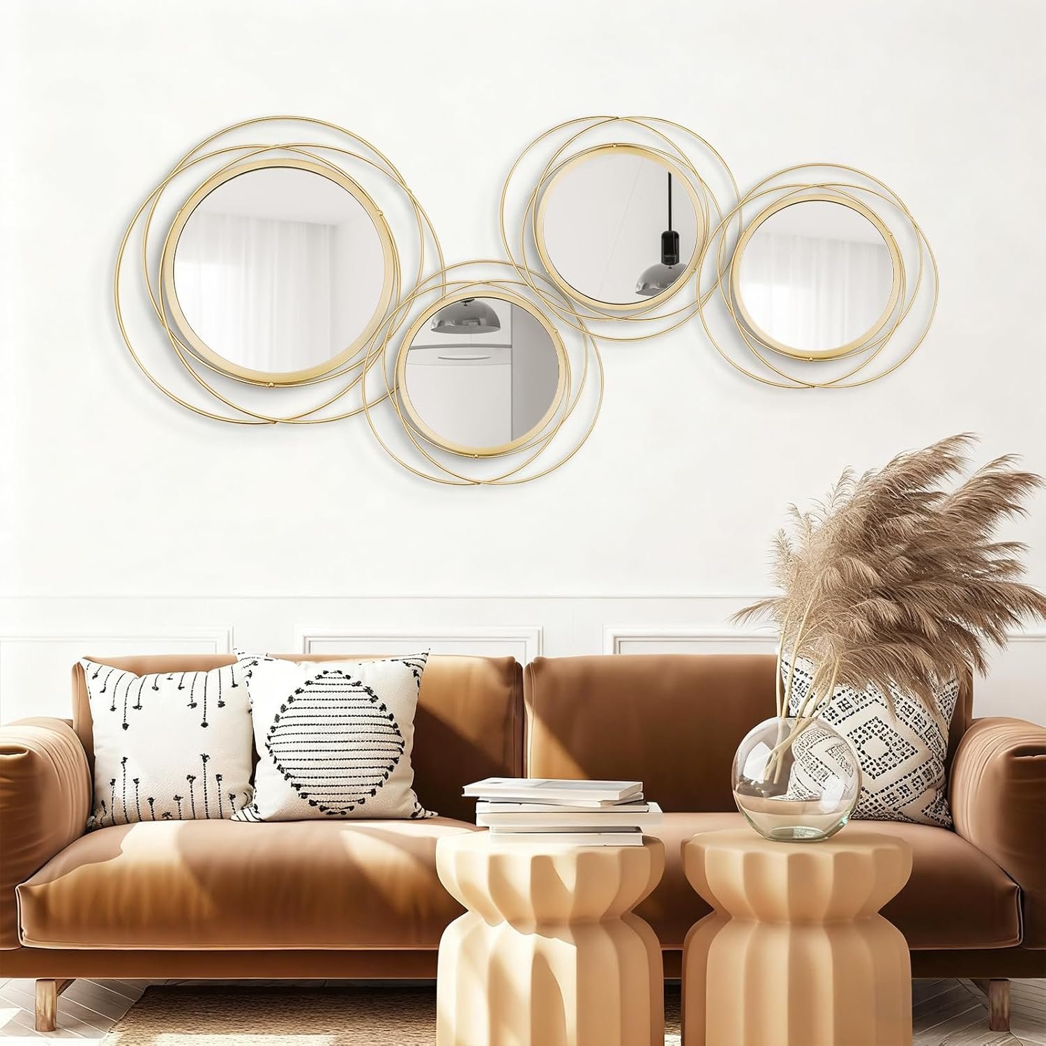 4 Set Circle Mirrors for Wall Decor Living Room Bedroom Entryway | Metal Round Mirror Decorative Hanging Mirrors Sun Bohemian Geometric Accent Sculpture Gold 11 In/9.2 in