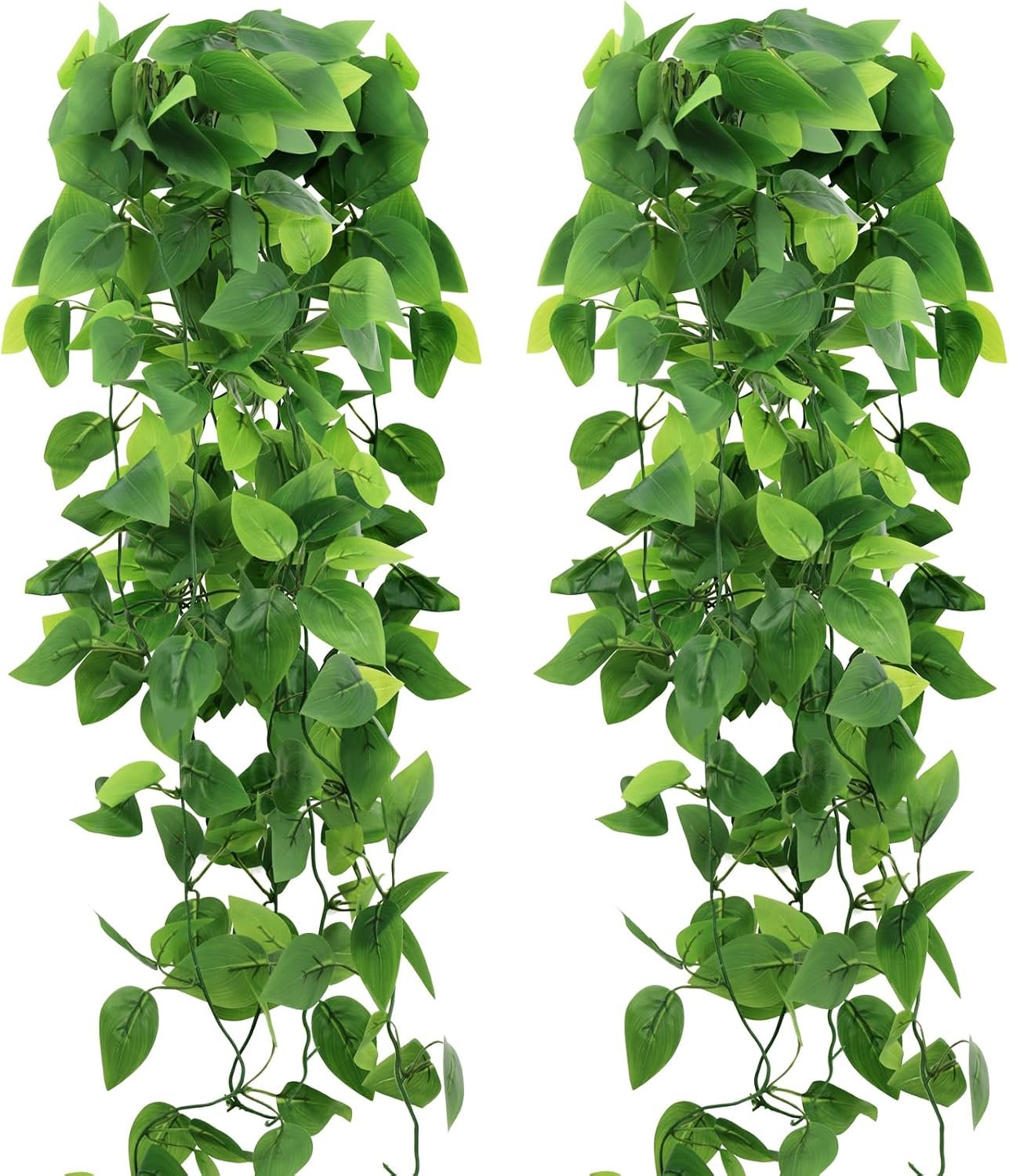 2-Pack Fake Hanging Plants, Faux Hanging Plant Artificial Greenery for Living Room Bedroom Boho Wall Shelf Indoor Outdoor Decor (Green Pothos Ivy Vines)