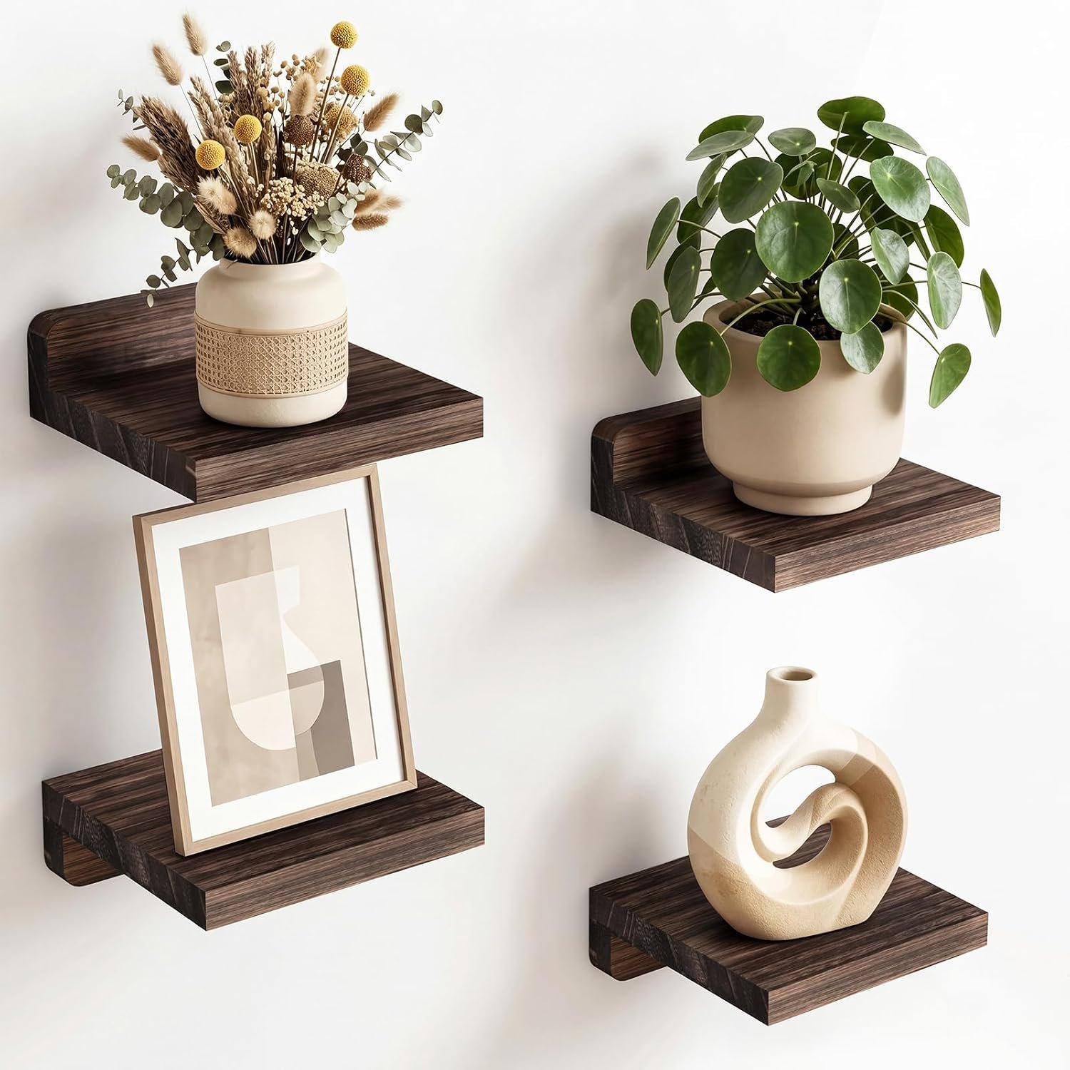 Fixwal Small Floating Shelves for Wall (Dark Carbonized, Set of 4, 5Inch) | Rustic wood shelf for displaying mini frames, plants, collectibles. Fits bedroom, living room, bathroom, kitchen, or office.