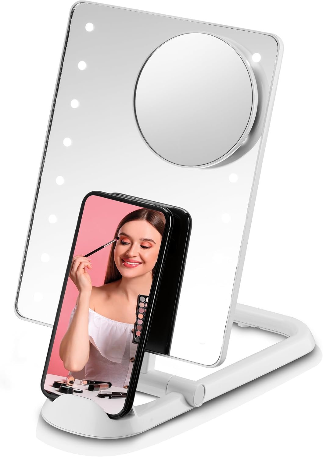 Conair Lighted Makeup Mirror, LED Vanity Mirror, 1X/10X Magnifying Mirror with Phone Holder, Battery Operated in Glossy White