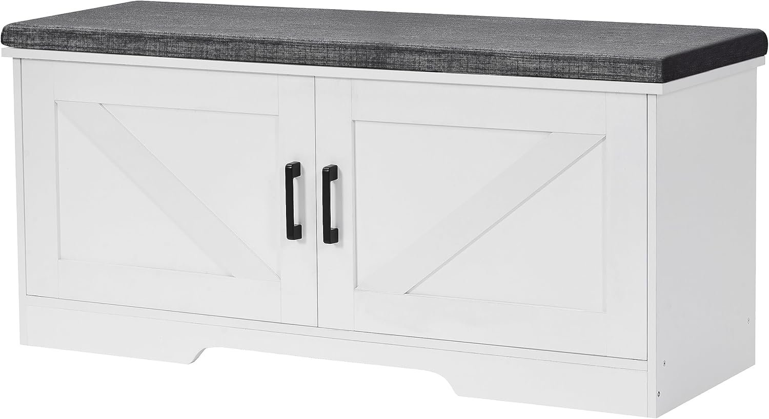 HOMSHO Farmhouse Shoe Storage Bench with 2 Barn Doors & Padded Seat Cushion | 39.4″ Wide Entryway Bench with Adjustable Shelves & Hidden Storage, White