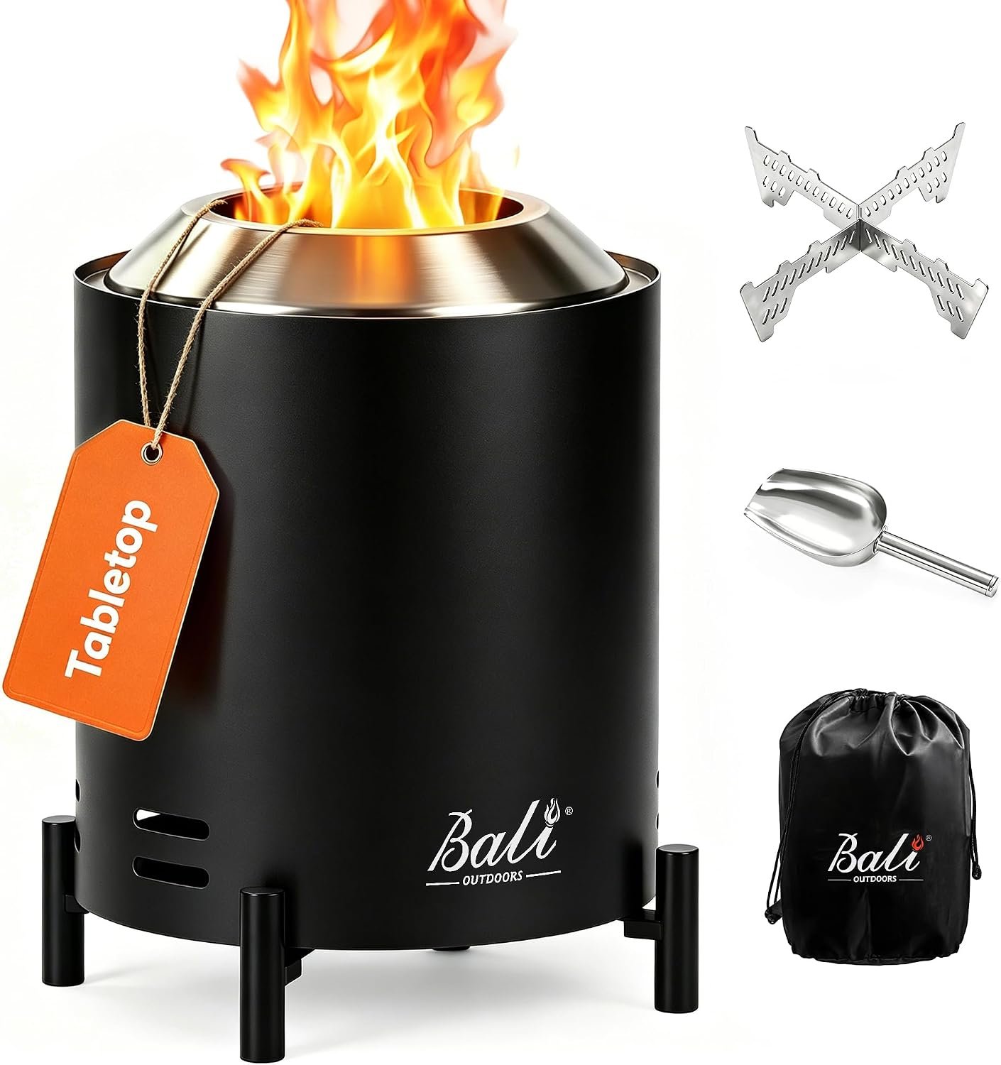 BALI OUTDOORS 6.5 inch Tabletop Fire Pit Round | Stainless Steel Table Top Firepit Small, Outdoor Smokeless Firepit Portable, Black