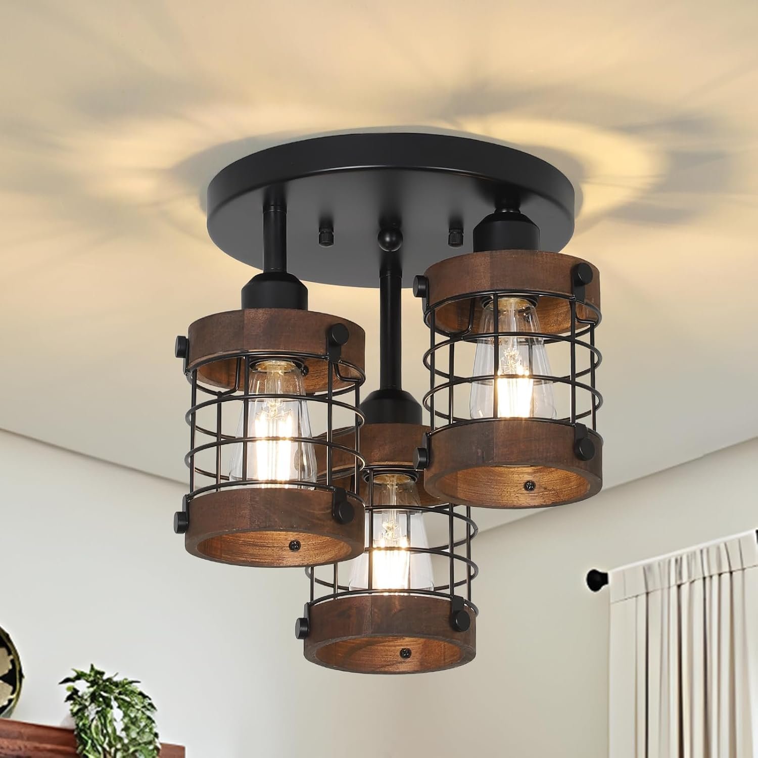 PAUFUL Semi Flush Mount Ceiling Light,3-Light Farmhouse Chandelier Light Fixtures Ceiling Mount, Black Hallway Light Fixtures with Wooden Cage Shade,Rustic Kitchen Light Fixture for Entryway Bedroom