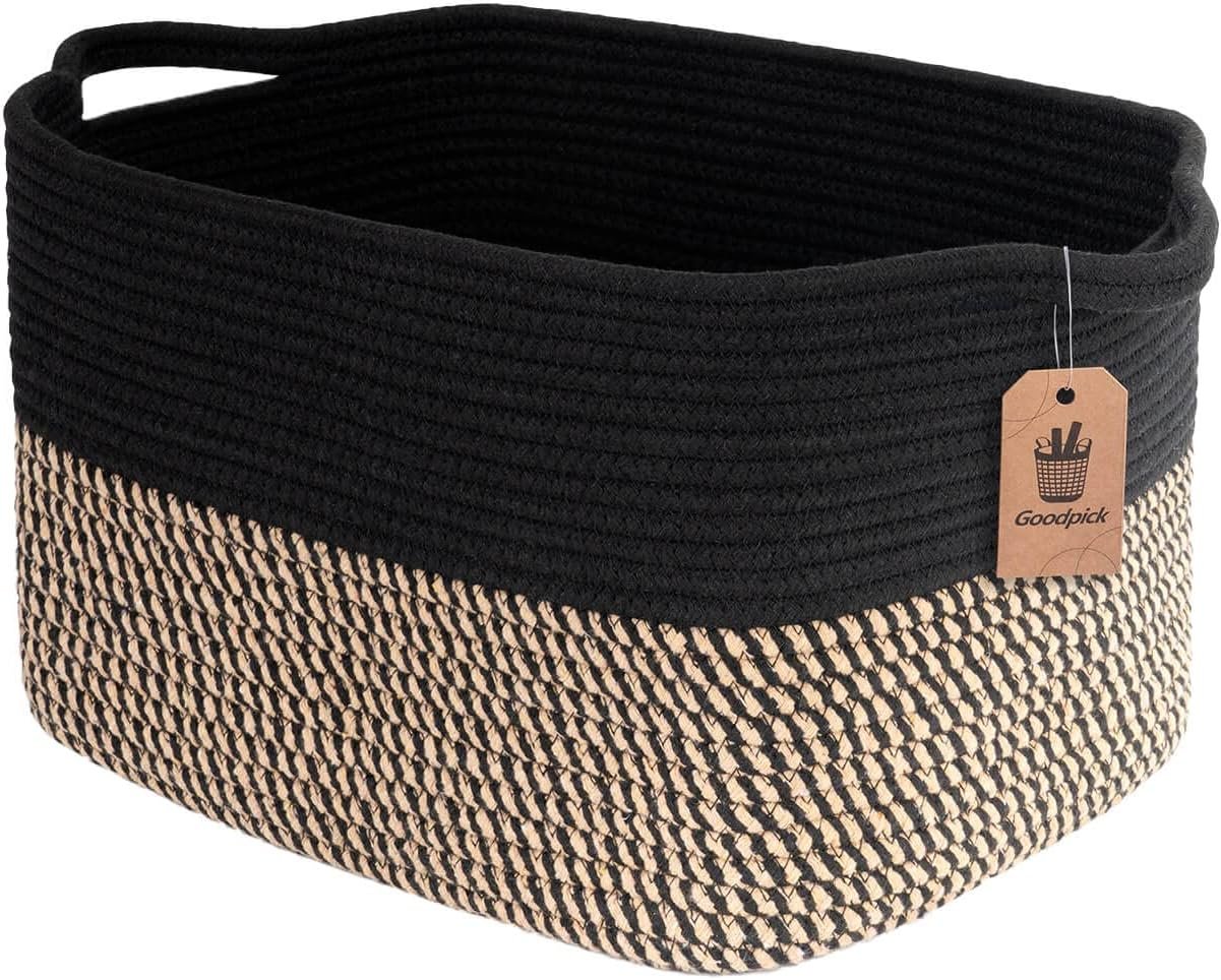 Goodpick Woven Storage Basket for Shelves, 13″ x 10″ x 9″, Black Jute | Stylish Gift Basket for Office & Home, Wicker Baskets for Books, Toys & Towels Storage, Nursery & Bedroom Closet Organization