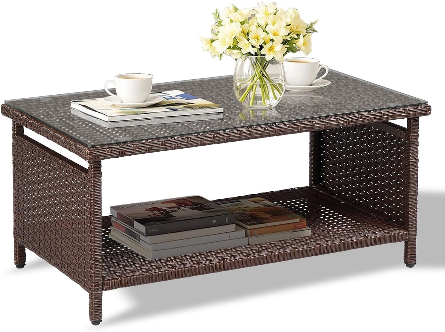VINGLI Outdoor Wicker CoffeeTable Patio Coffee Tables for Outside, Tempered Glass Top Wicker Table with Storage Coffee Table for Patio Balcony Porch Deck (Brown)