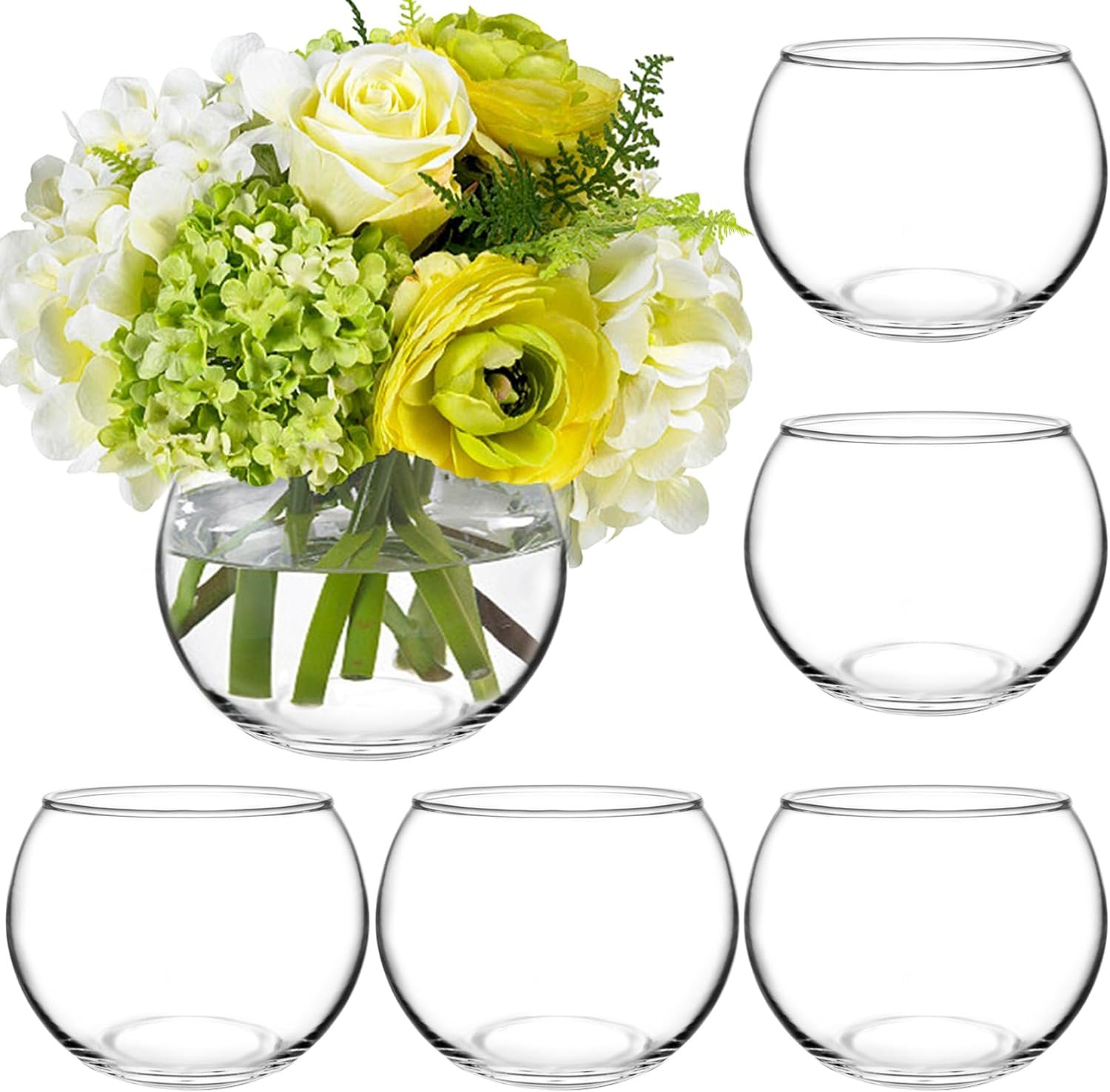 PINIWON 6 Pack 4.7” W x 3.5” H Clear Round Glass Vases, Bubble Bowl Vase | Flower Vase, Candle Holders for Table Centerpieces, Wedding Event Home Decor