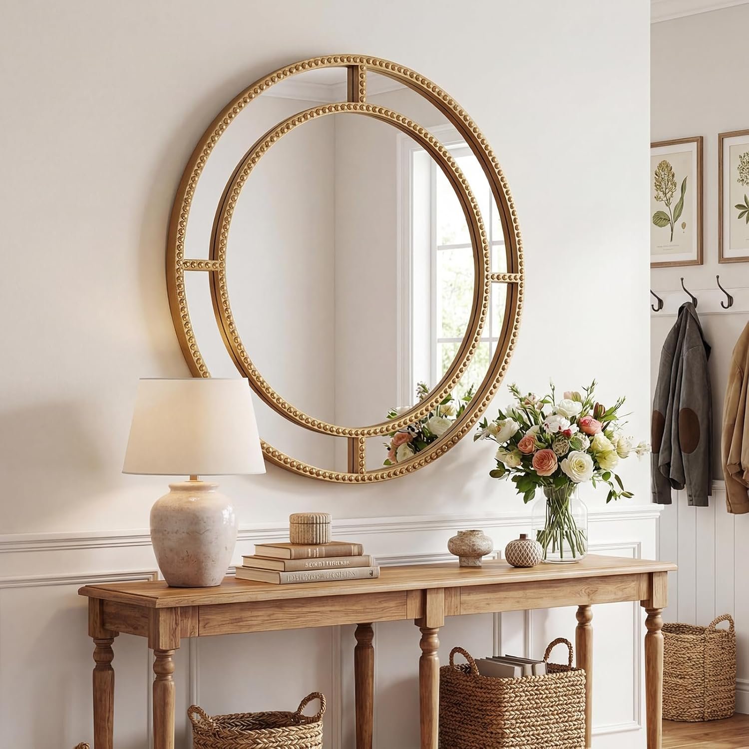 Tangkula 28″ Gold Round Wall Mirror, Circle Decorative Modern with Beaded Frame for Living Room, Entryway, Fireplace, Bedroom, Vintage Mirror Wall Decoration