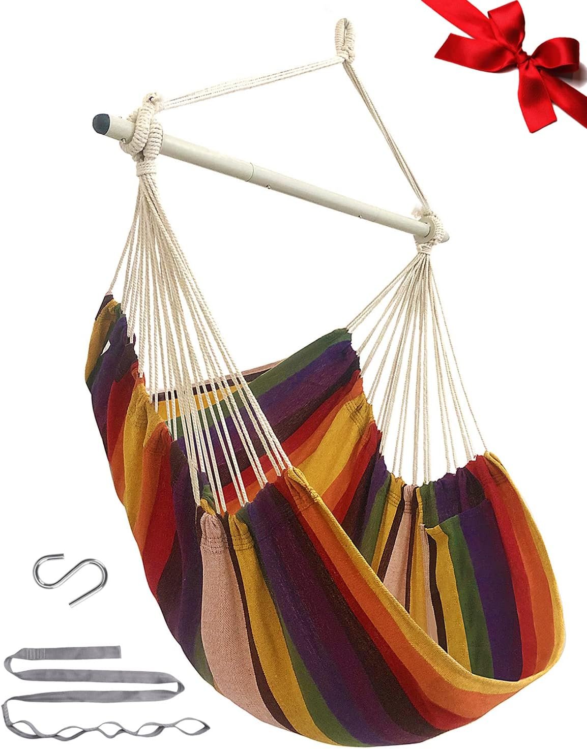 MIZTLI Hammock Chair Swing Indoor Outdoor 500 Lbs, Steel Bar & Anti-Slip | Heavy-duty steel spreader bar, anti-slip rings, 51″L x 39″W, includes tree strap & carabiner
