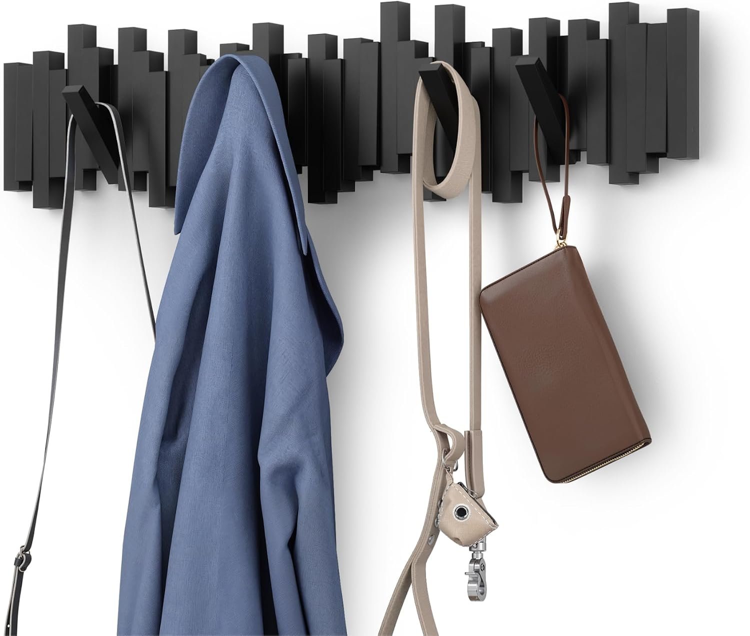 Umbra Sticks Wall Coat Rack, Wall Mount 8 Retractable Hooks, Black | Modern sculptural look, holds five pounds each, fits entryways and bedrooms, easy to install, recycled plastic
