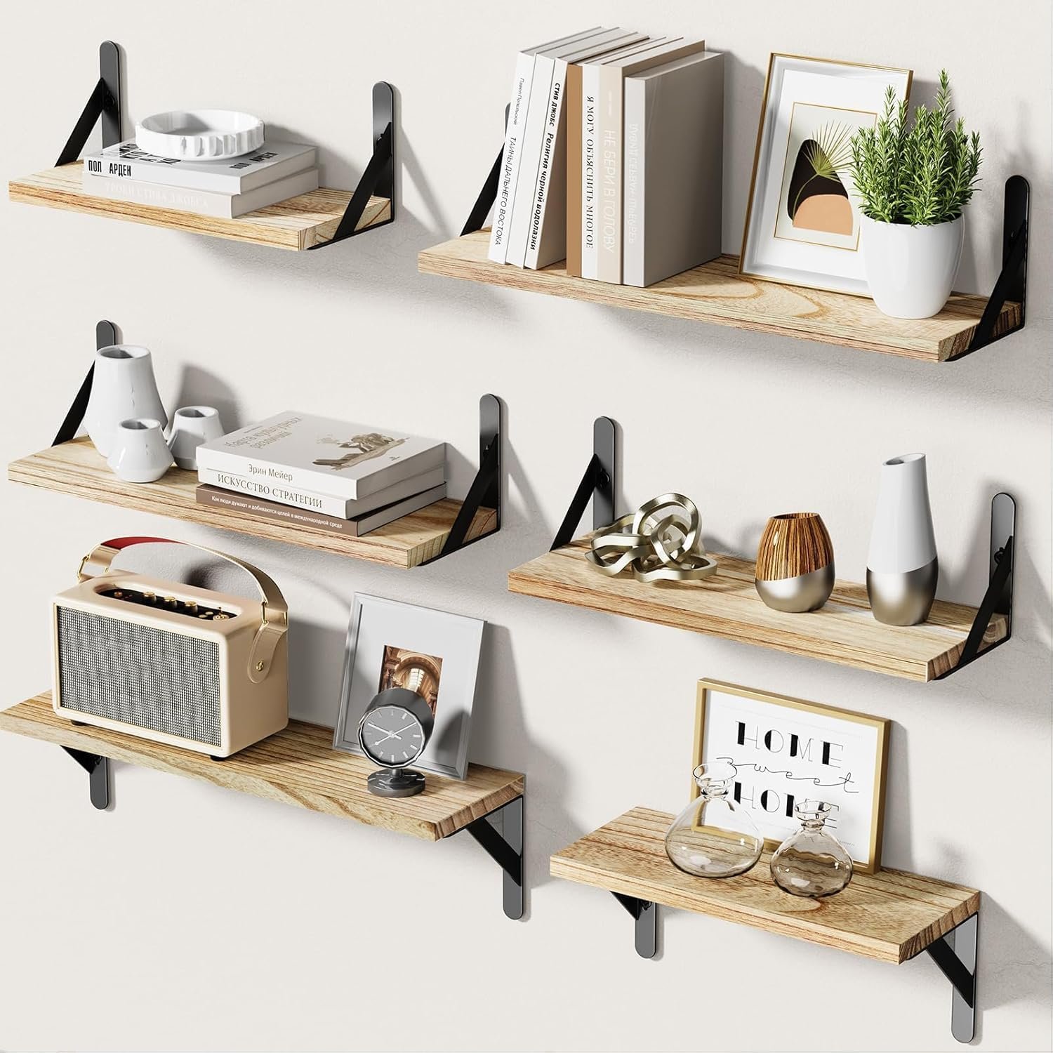 Amada Solid Paulownia Wood Wall Shelves, Medium Size, 6 Pcs, Natural Wood | Wood Floating Shelves with Metal Brackets, 2 Ways to Install, Flexible 6-Piece Arrangement for Bathroom & Bedroom Wall Decor