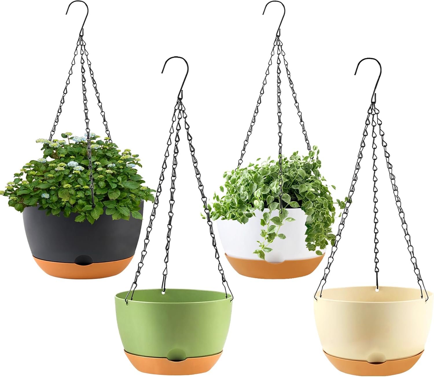 Hanging Planter for Plants Indoor, 8 Inch 4 Pack White/Black/Green/Beige | Plastic Hanging Baskets, Drainage Holes, With Chain, For Indoor & Outdoor Plants